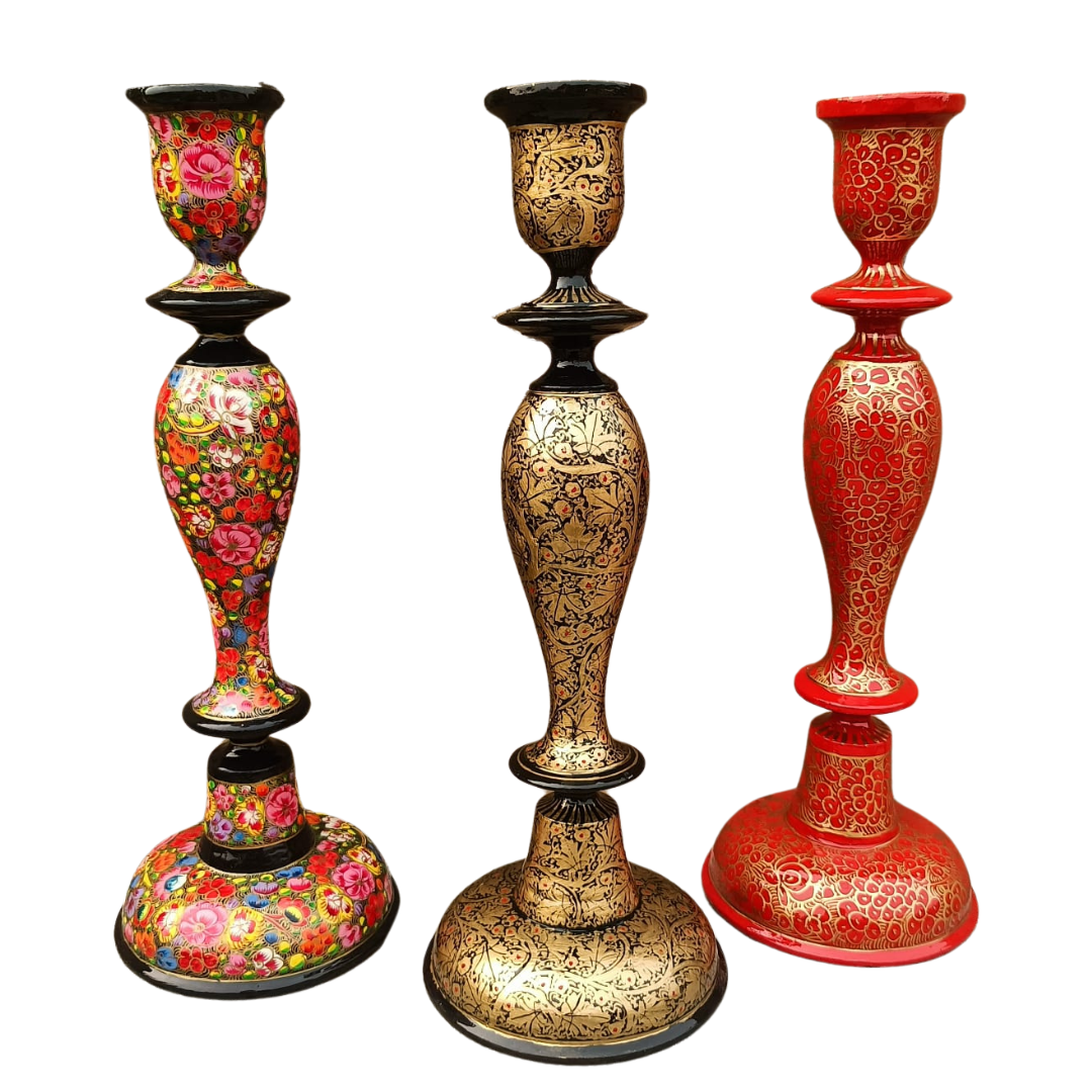 Black and Gold Wooden Candlestick Holder Kashmiri Design 12 Inch