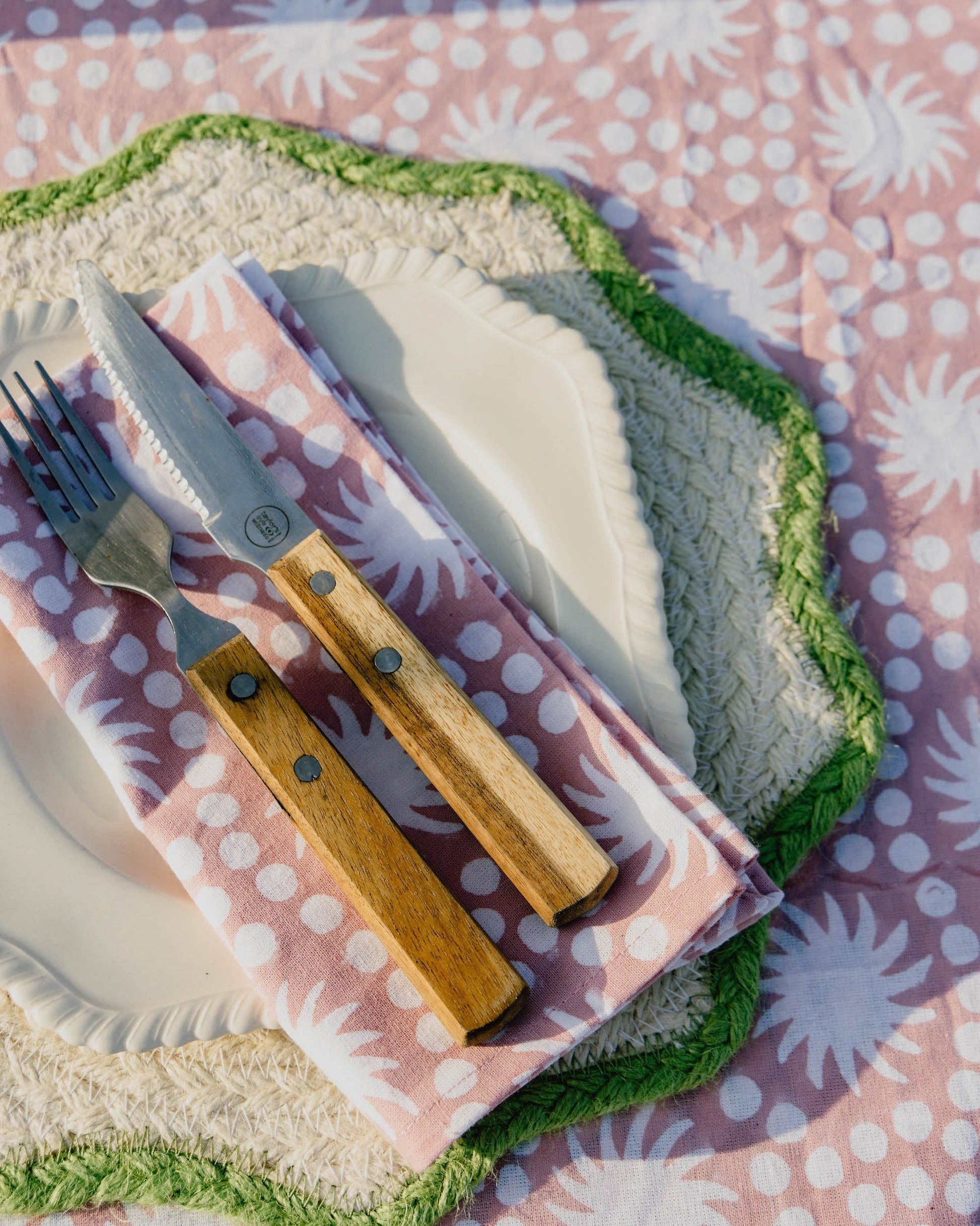 Sunburst Block Print Tablecloth Olive Green Cotton 180 x 280 cm