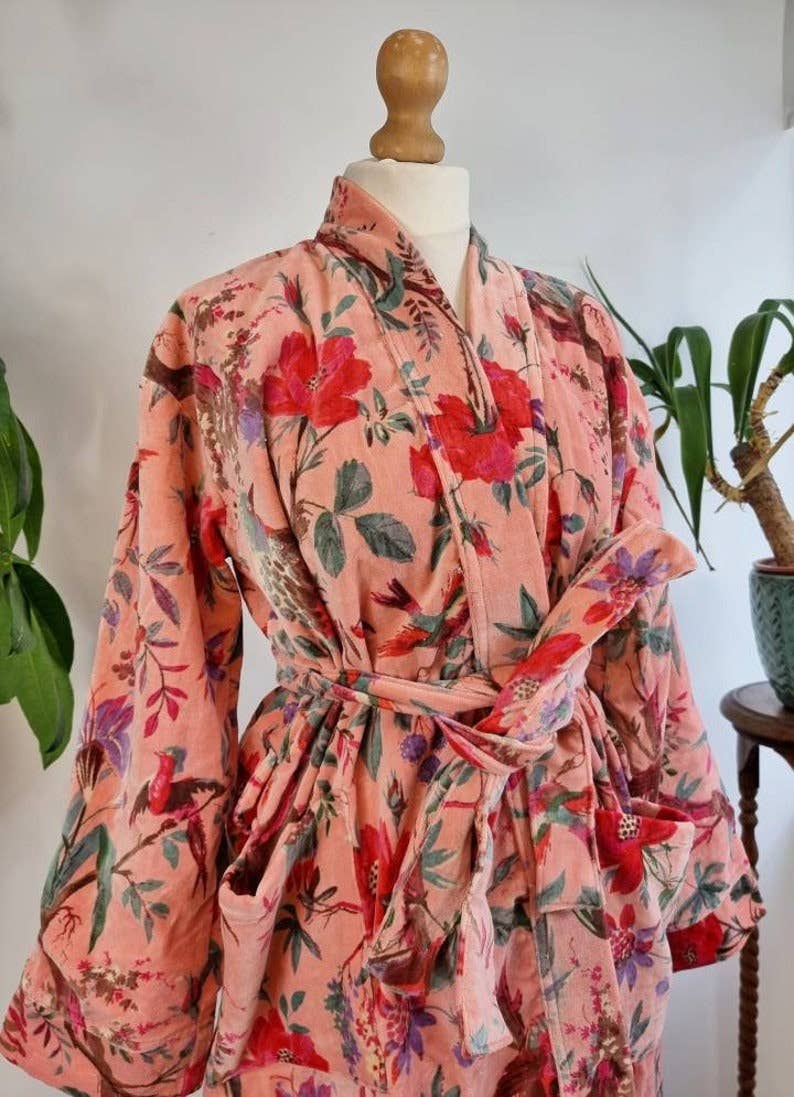 Luxury Velvet Robe - Soft Peach Birds Paradise Exotic Love