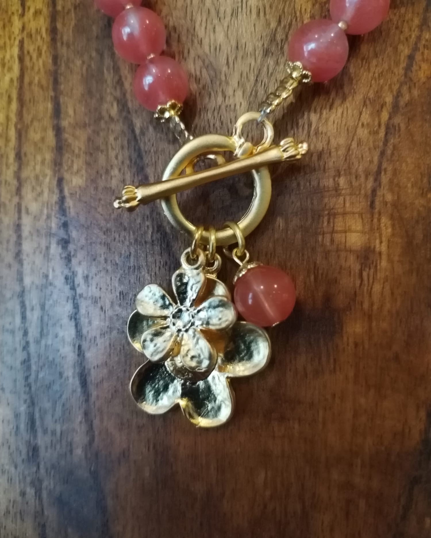 Rose Agate Necklace With Gold Flower Charm