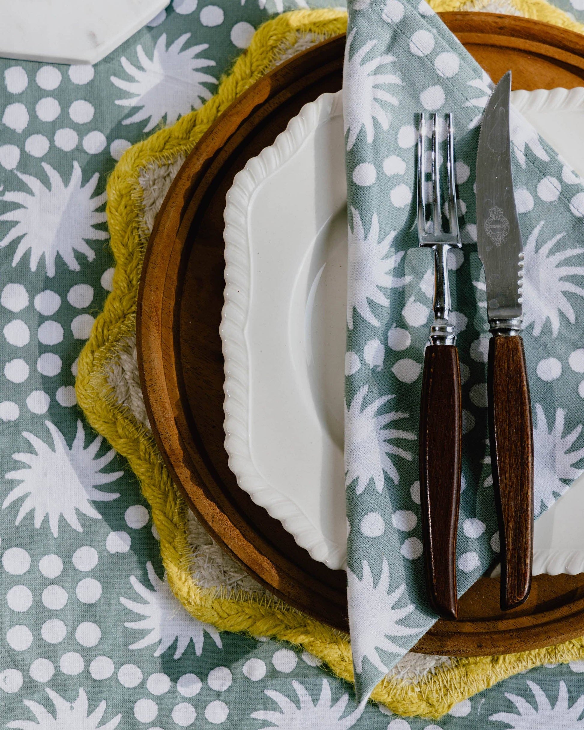 Sunburst Block Print Tablecloth Olive Green Cotton 180 x 280 cm
