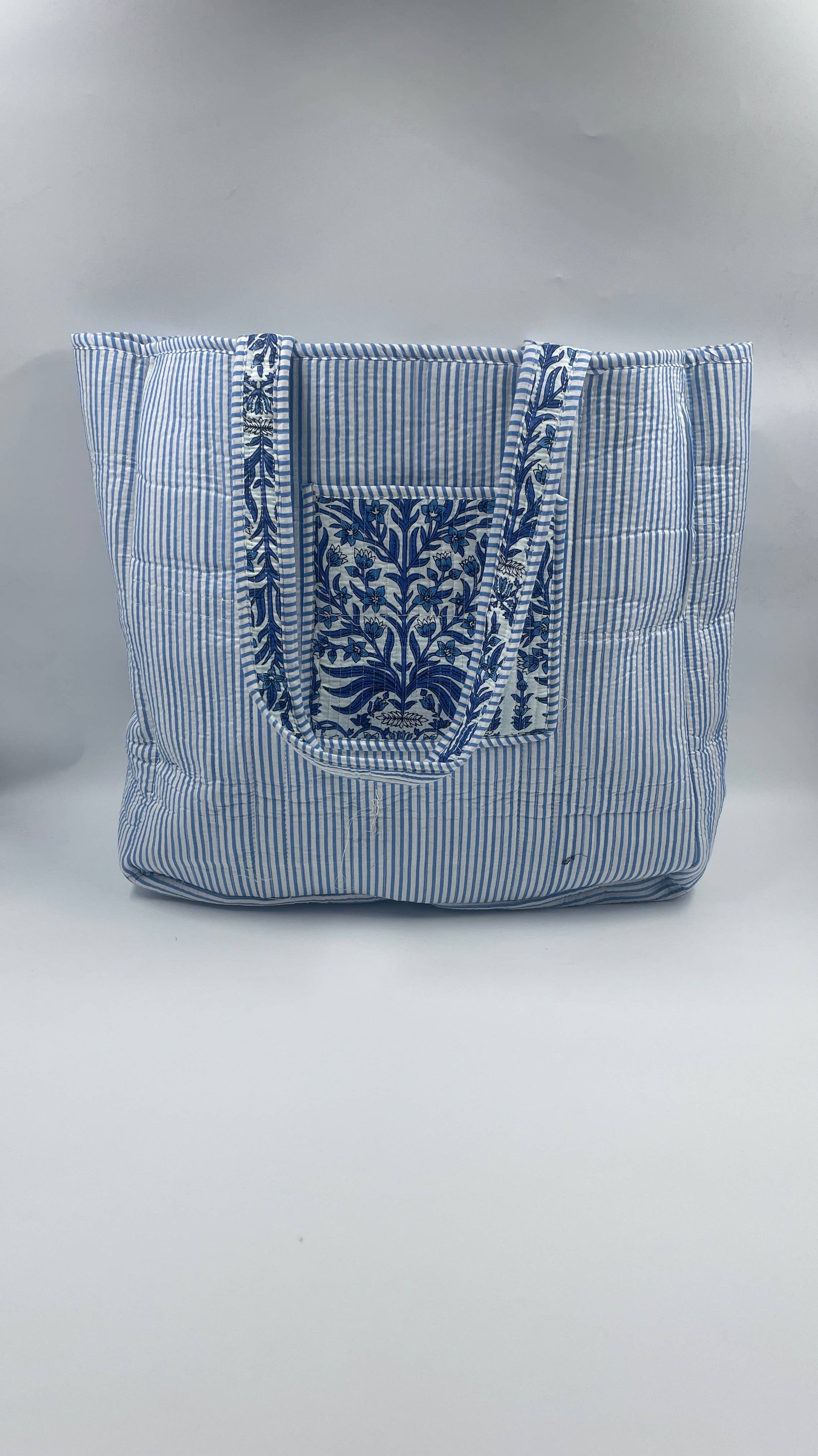 Blue and White Botanical Quilted Cotton Tote Bag