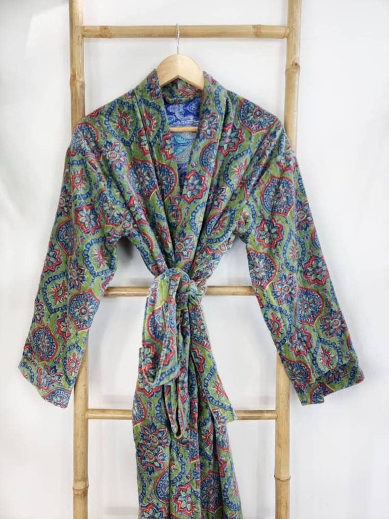 Luxury Velvet  Robe - Fresh Leaf Green Blue Mandala Geometric