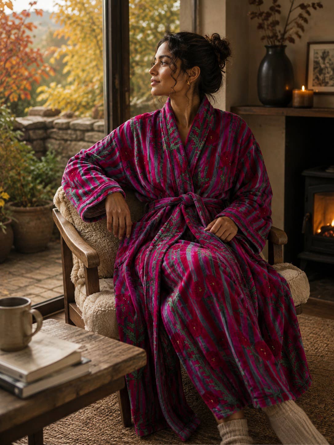 Luxury fuchsia and grey stripe velvet dressing gown, unisex one size