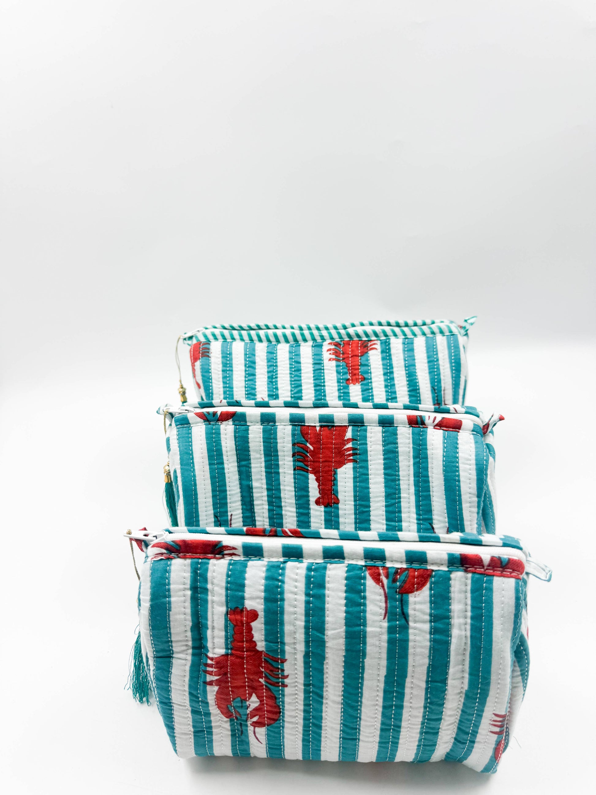 Set of Three Quilted Wash Bags with Turquoise & White Stripe Lobster Print