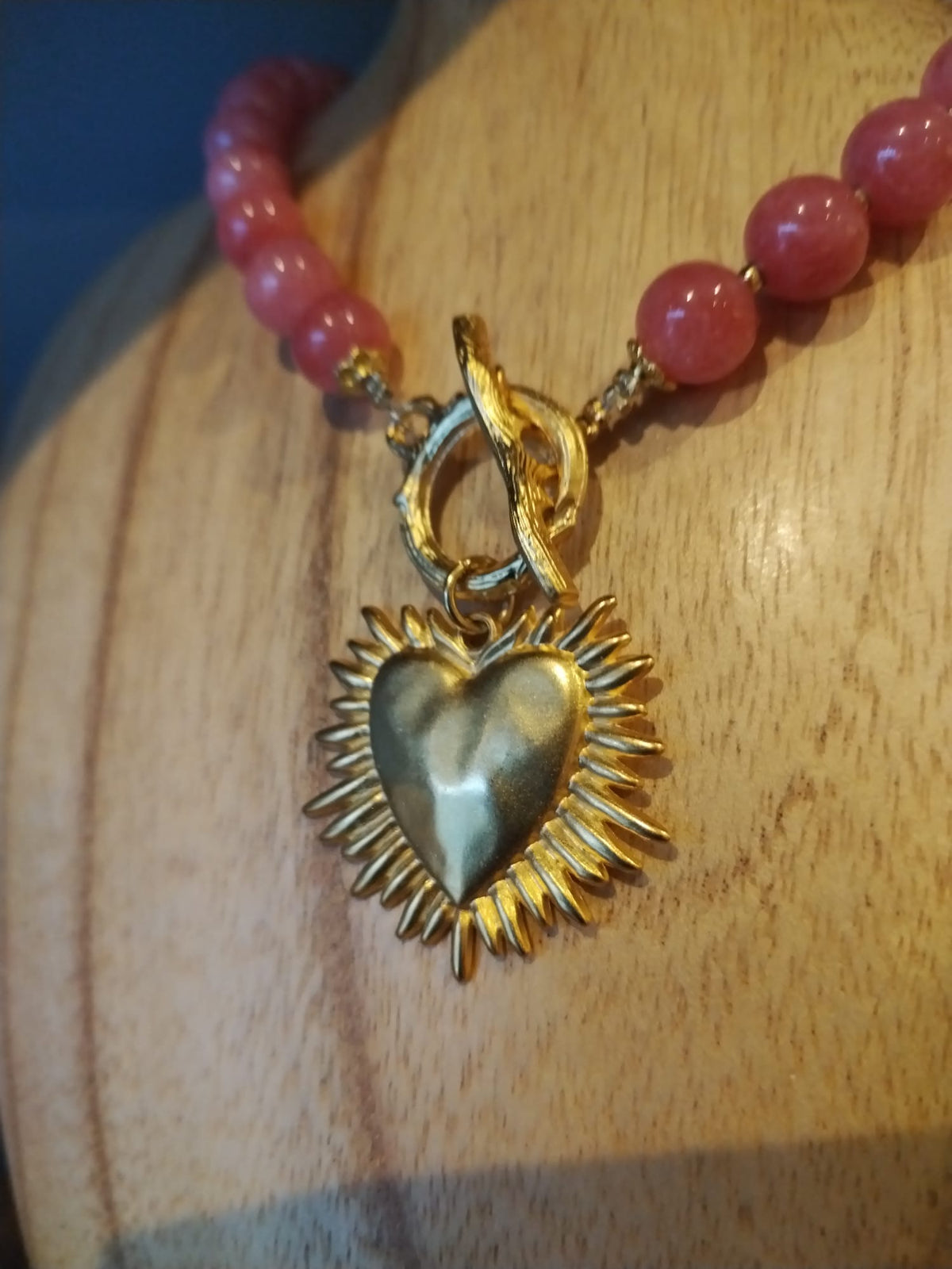 Large Bead Sponge Coral Necklace with Gold Flaming Heart