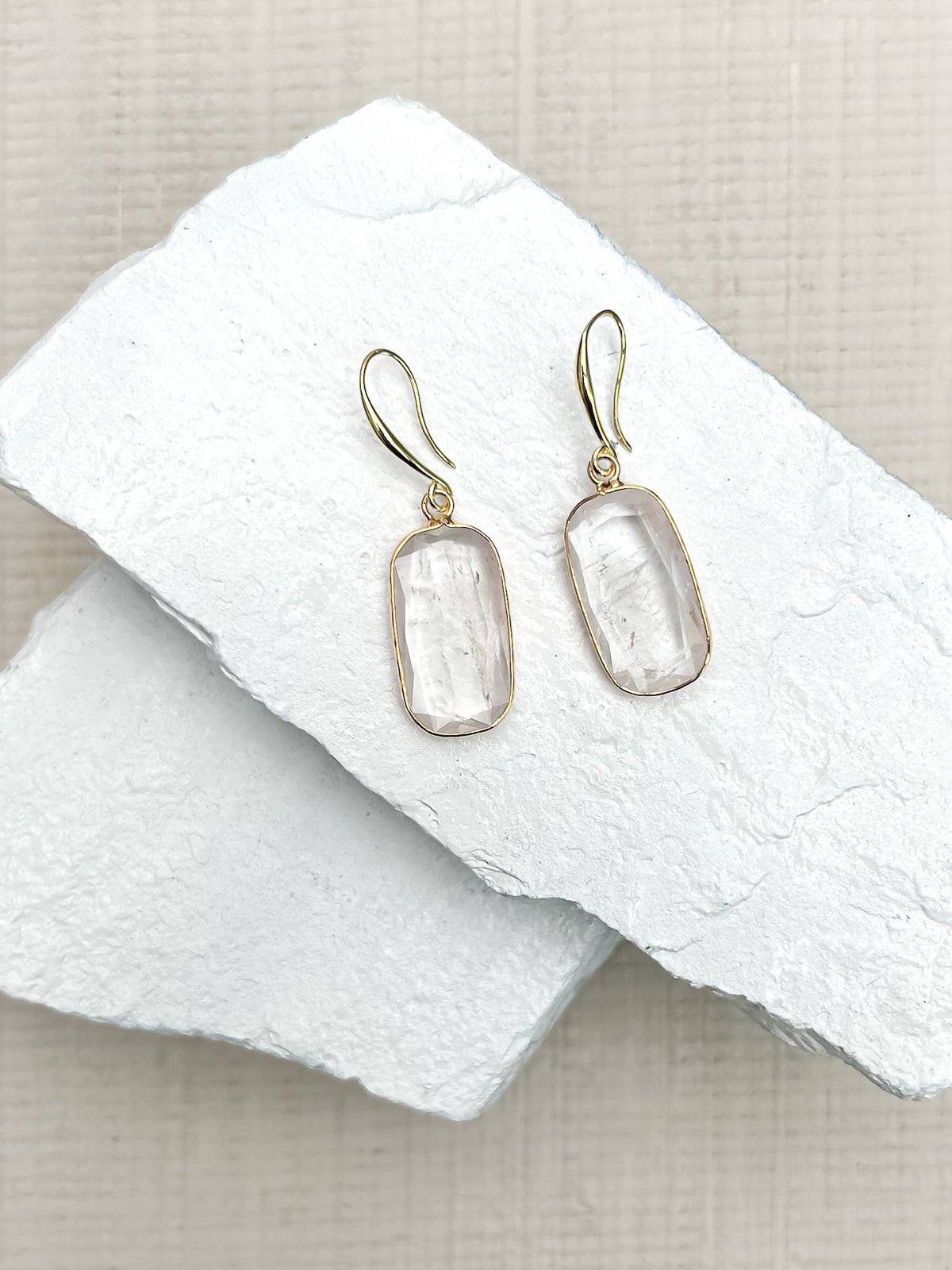 Clear Quartz Rectangle Gold-Plated Drop Earrings