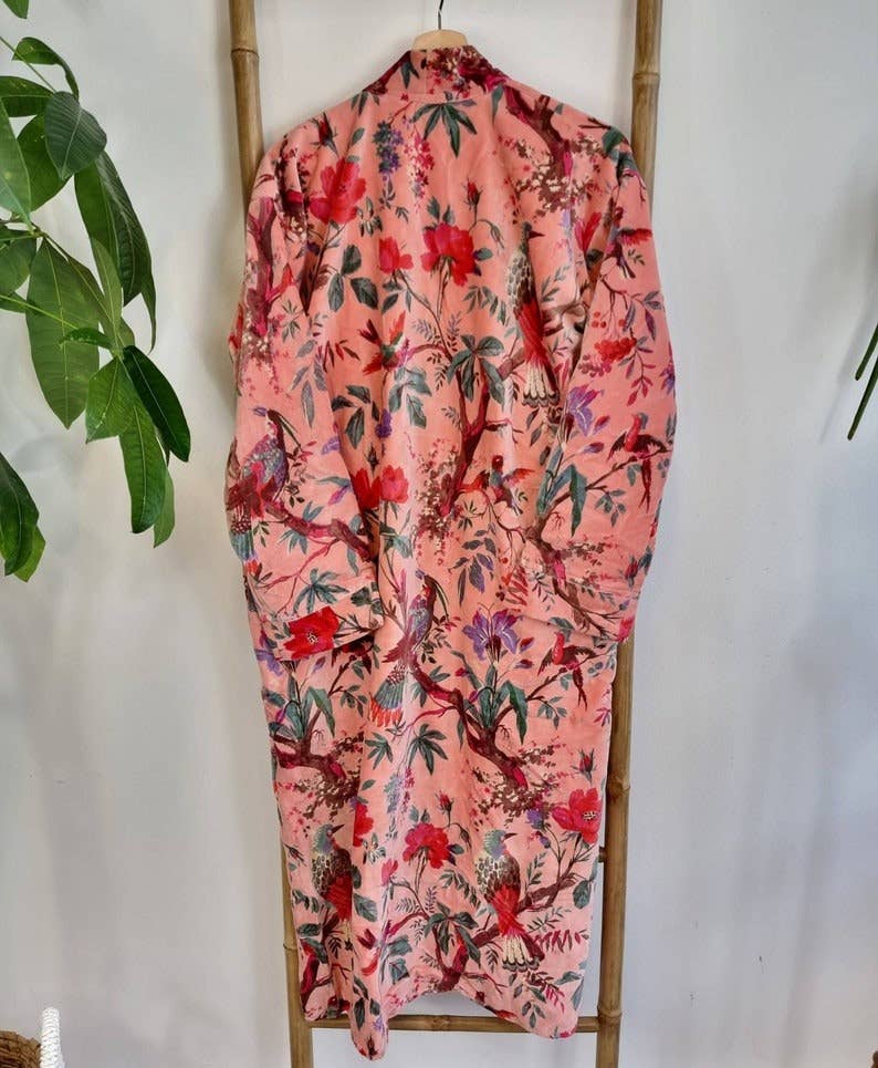 Luxury Velvet Robe - Soft Peach Birds Paradise Exotic Love