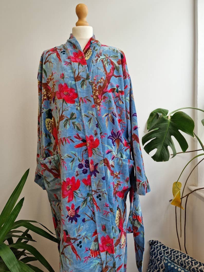Luxury Velvet Robe  - iced Blue Birds
