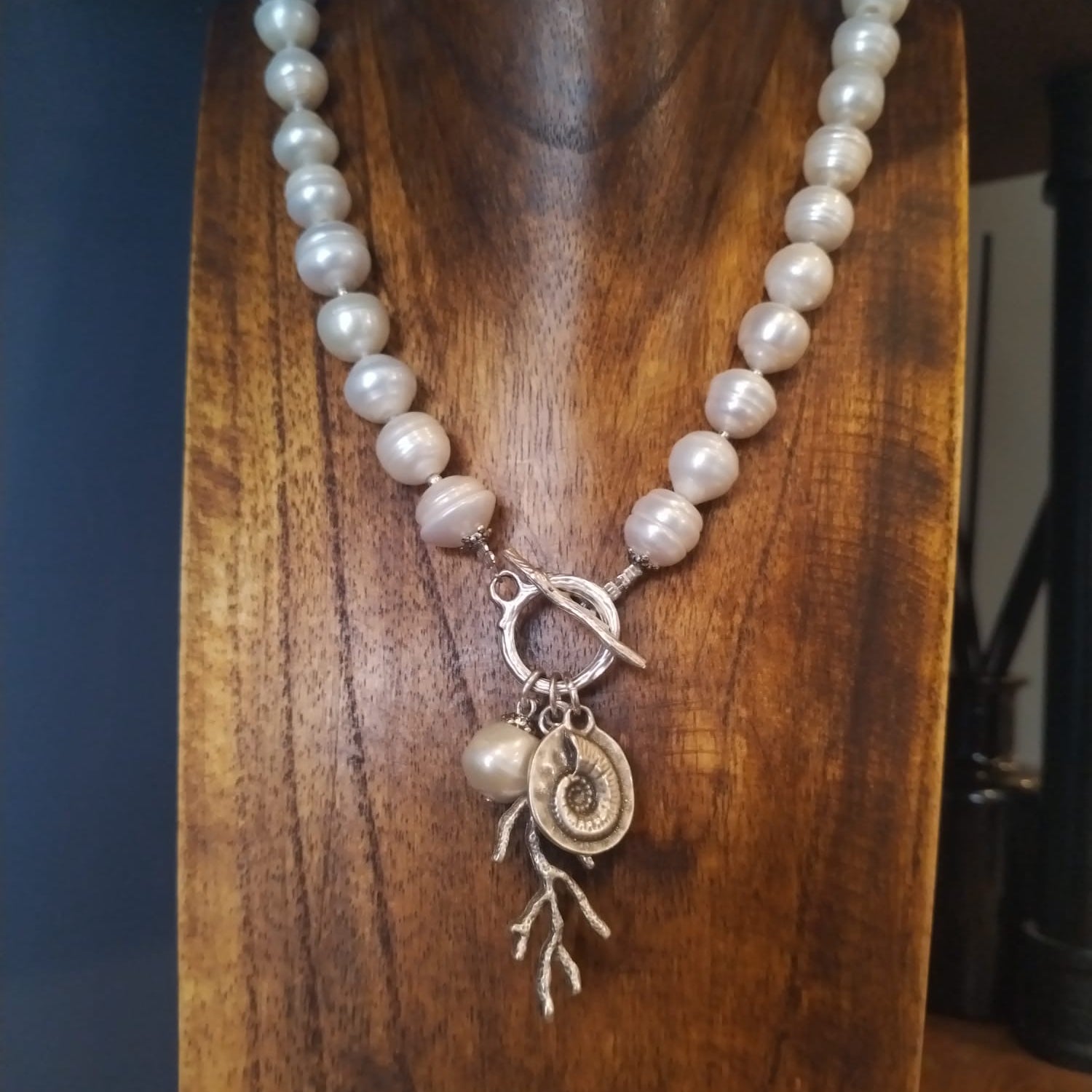 Freshwater Pearl Necklace With Silver Coral and Ammonite Charm