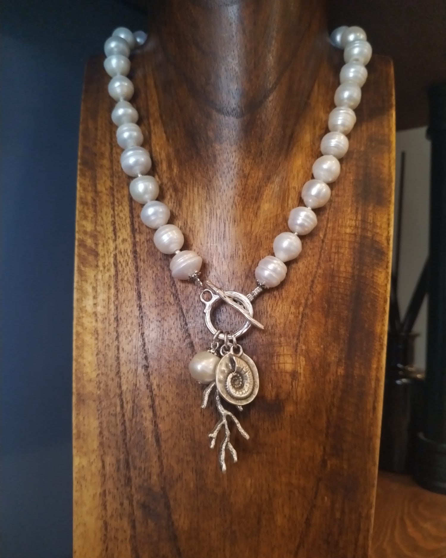 Freshwater Pearl Necklace With Silver Coral and Ammonite Charm