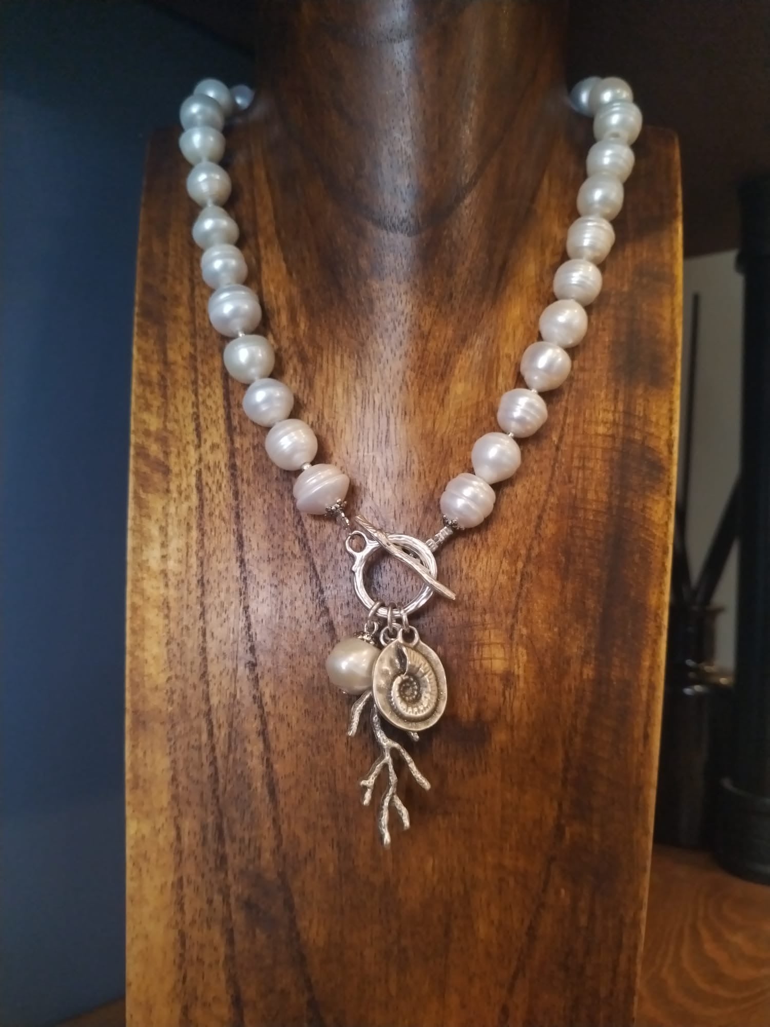 Freshwater Pearl Necklace With Silver Coral and Ammonite Charm