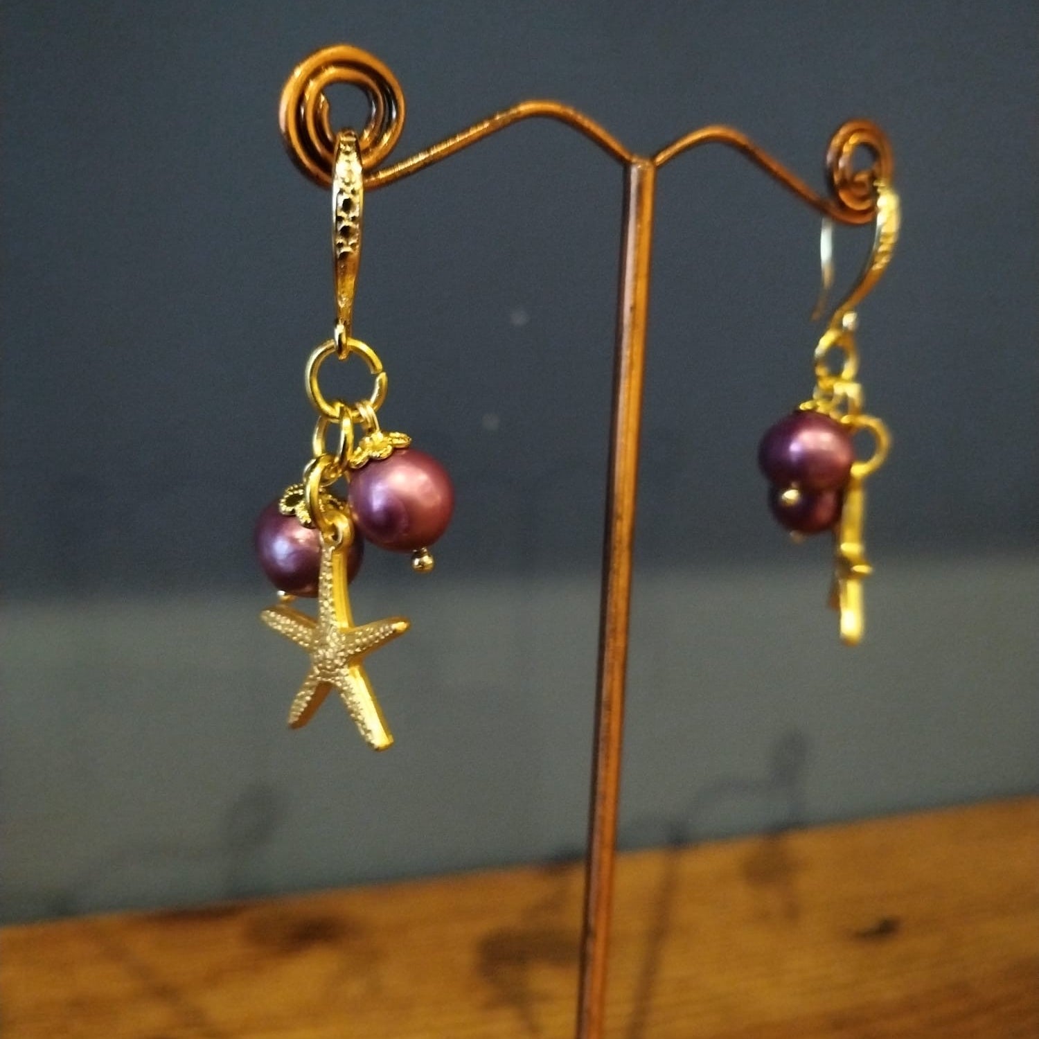 Gold and Plum Coloured Pearl Earrings, with Starfish Charm