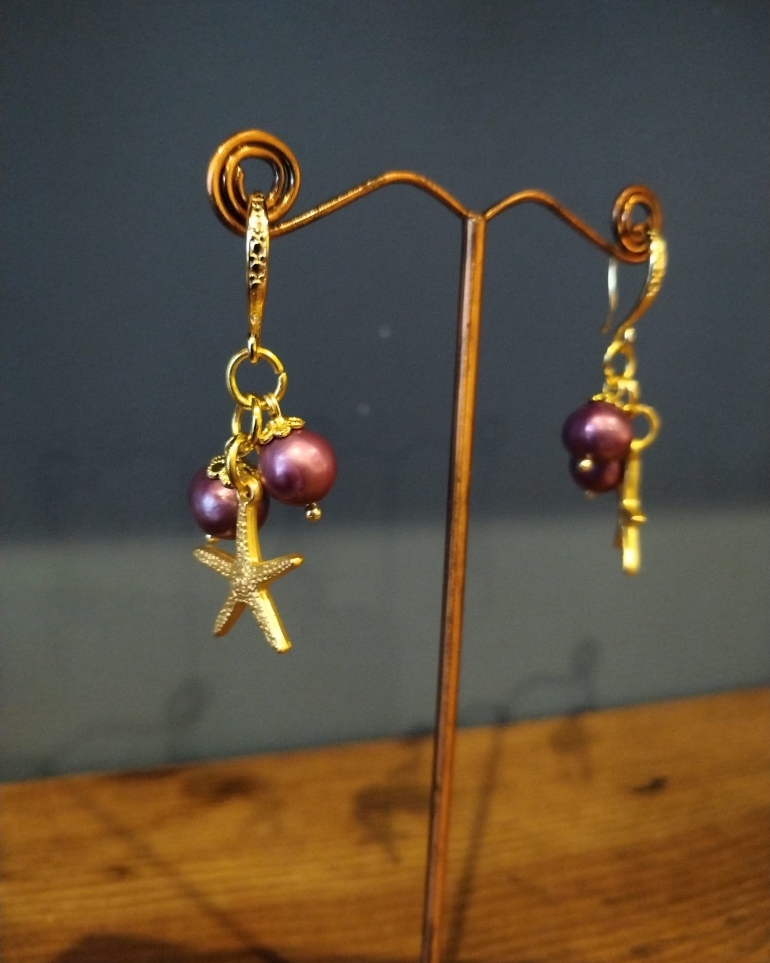 Gold and Plum Coloured Pearl Earrings, with Starfish Charm
