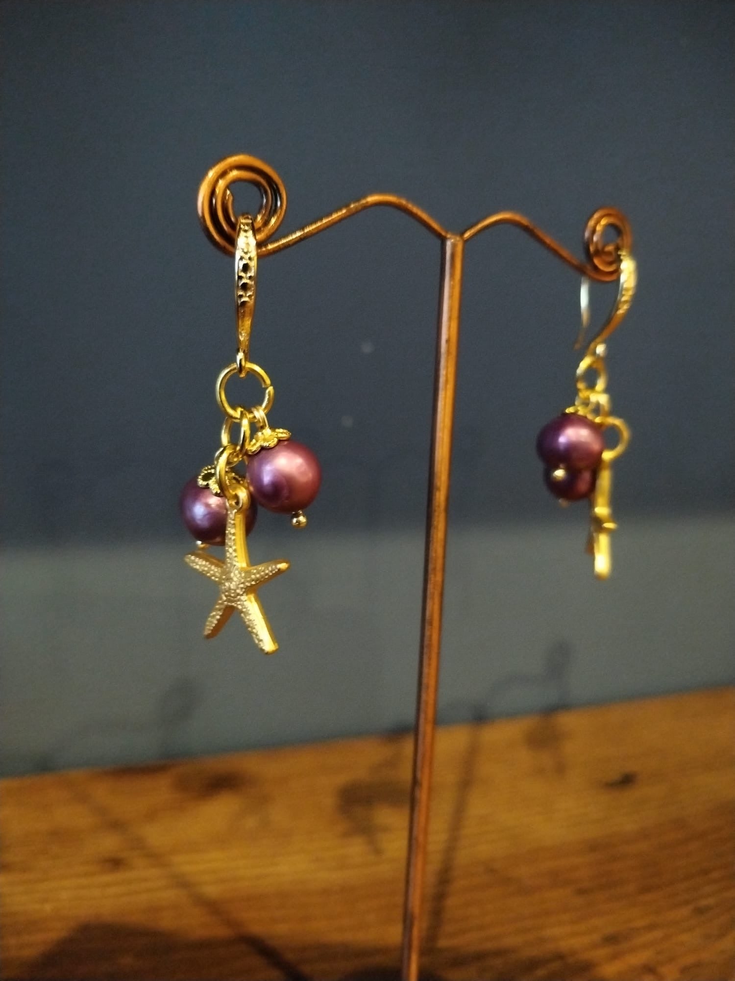 Gold and Plum Coloured Pearl Earrings, with Starfish Charm