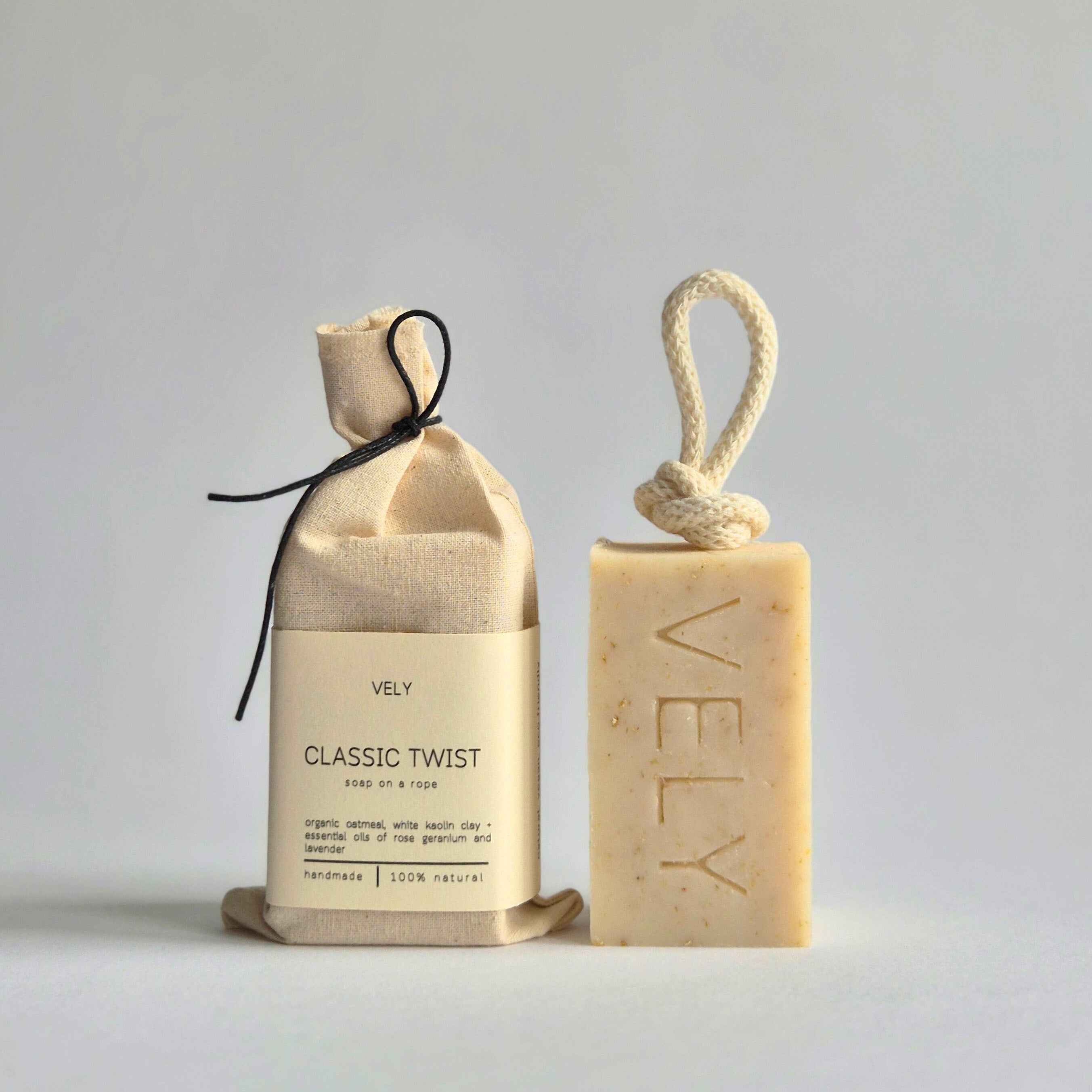 Natural Lavender, Rose Geranium and Oatmeal Soap on a Rope Classic Twist
