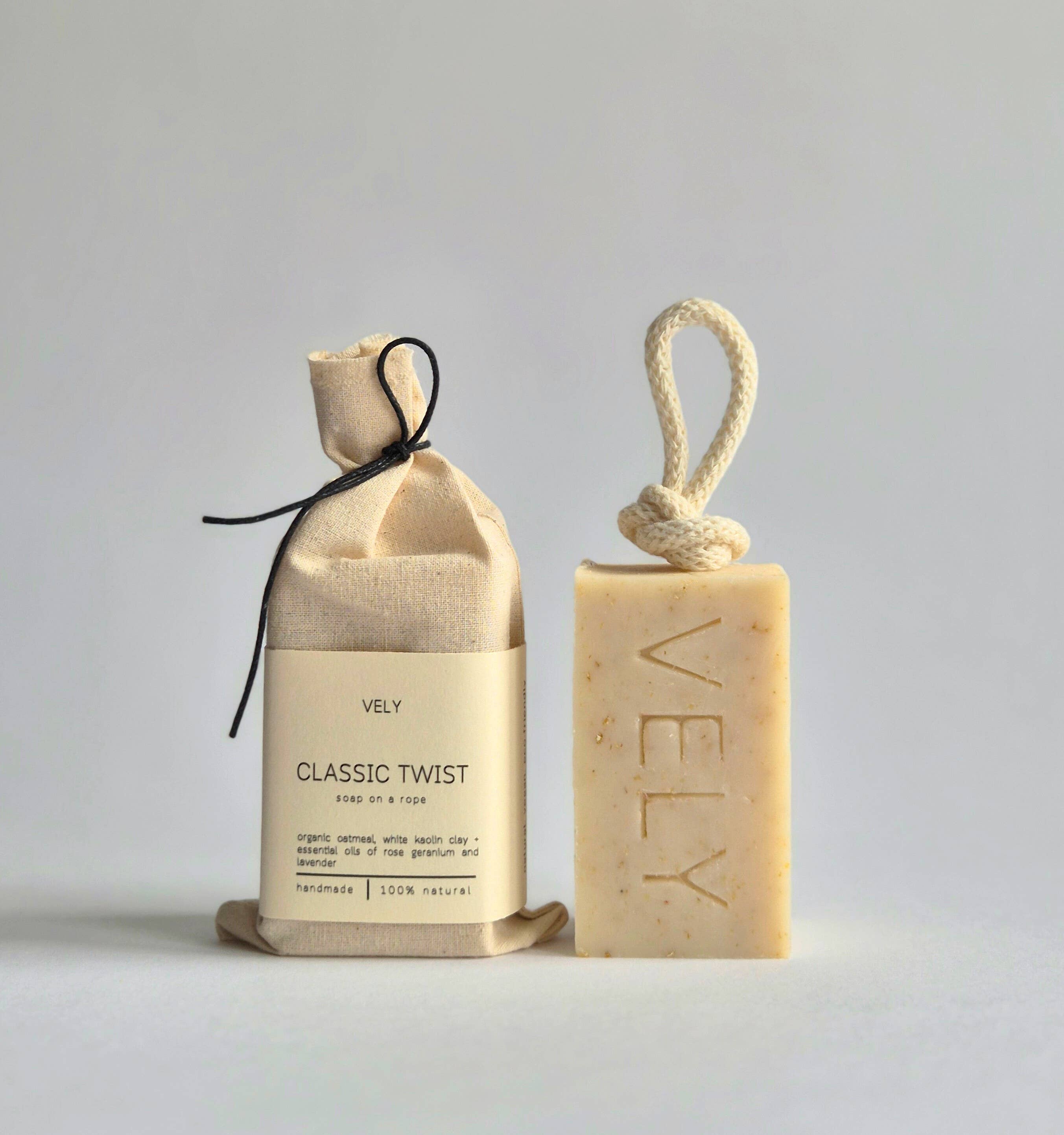 Natural Lavender, Rose Geranium and Oatmeal Soap on a Rope Classic Twist