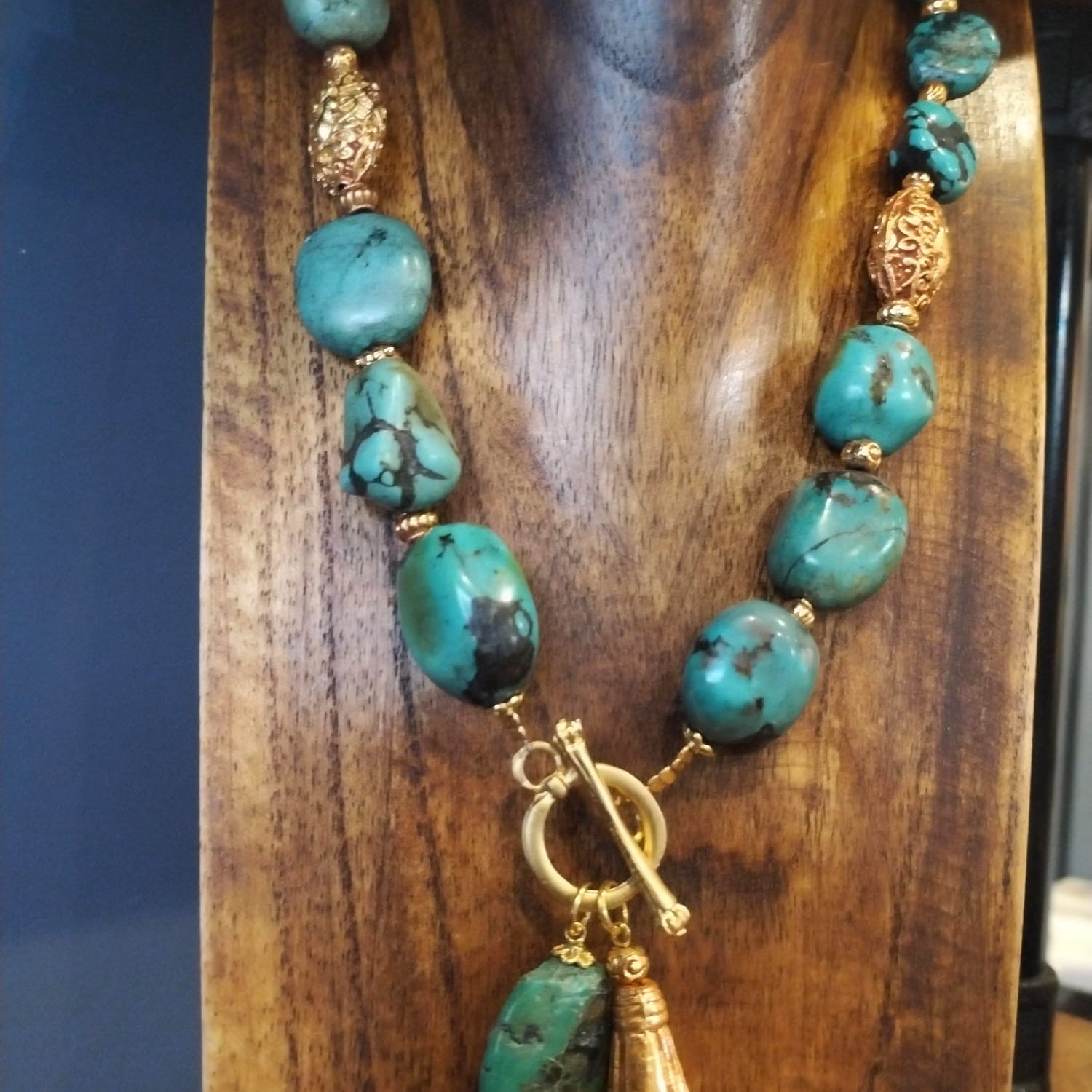 Large Turquoise Pebble Bead Necklace With Gold Details