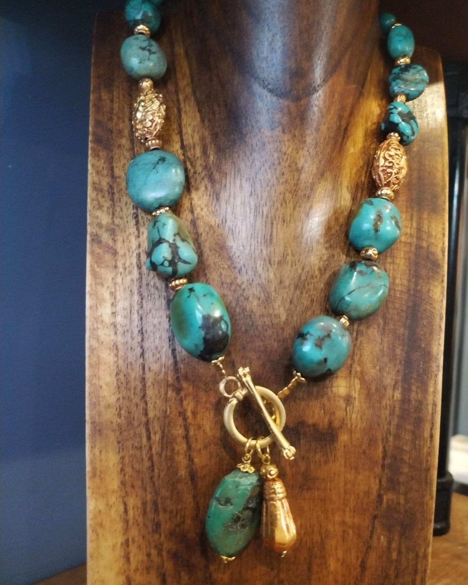 Large Turquoise Pebble Bead Necklace With Gold Details
