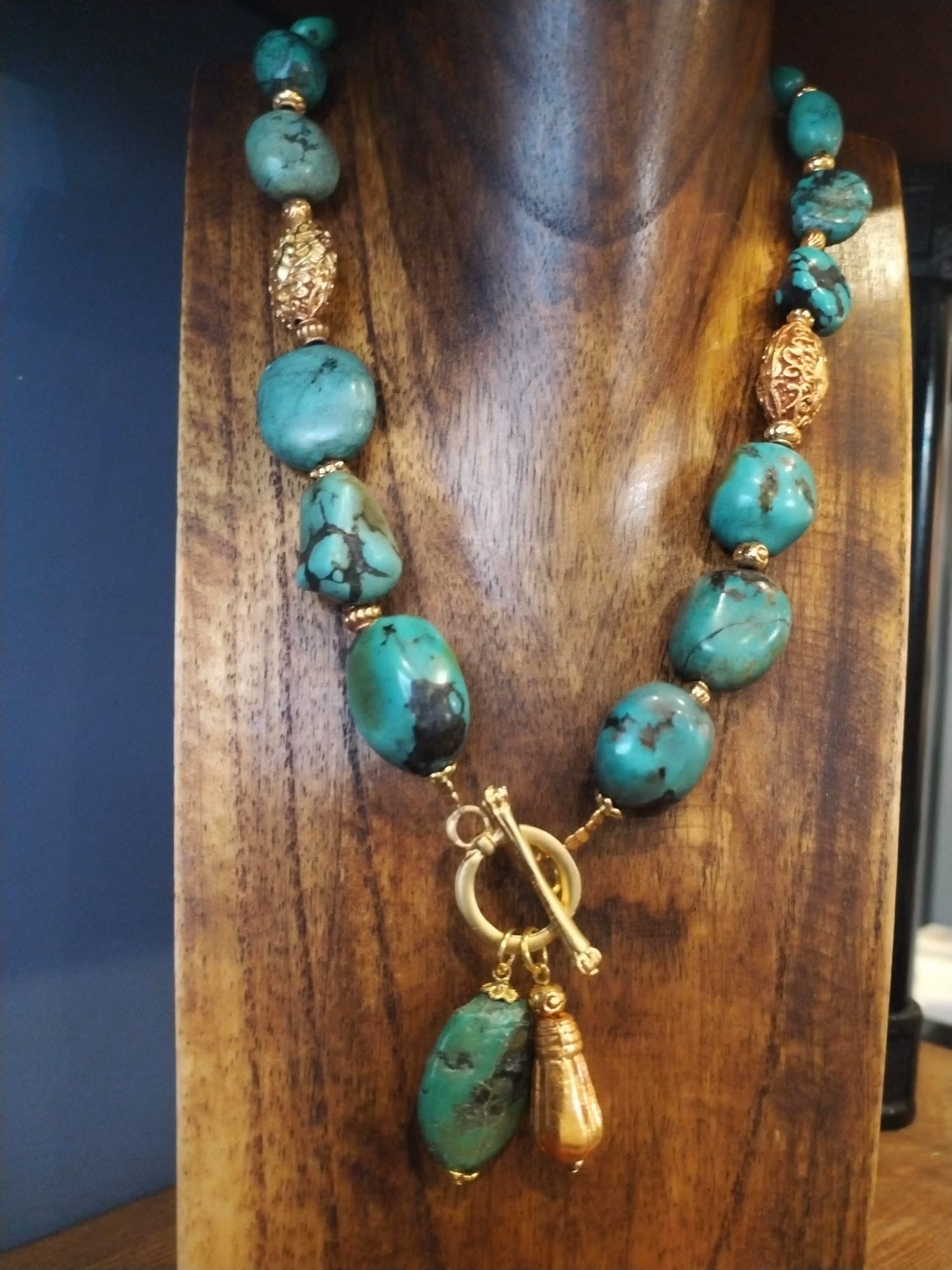 Large Turquoise Pebble Bead Necklace With Gold Details