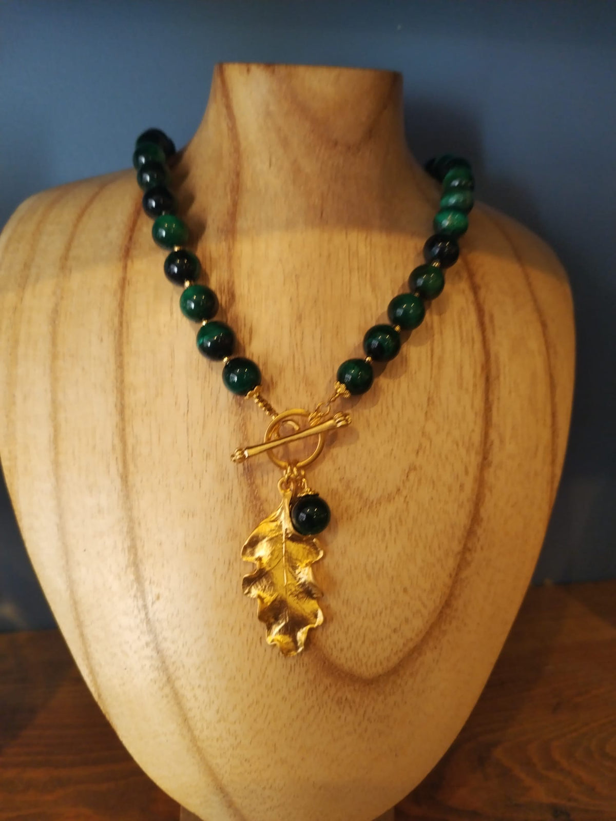 Green Tiger’s Eye Necklace with Gold Oak Leaf