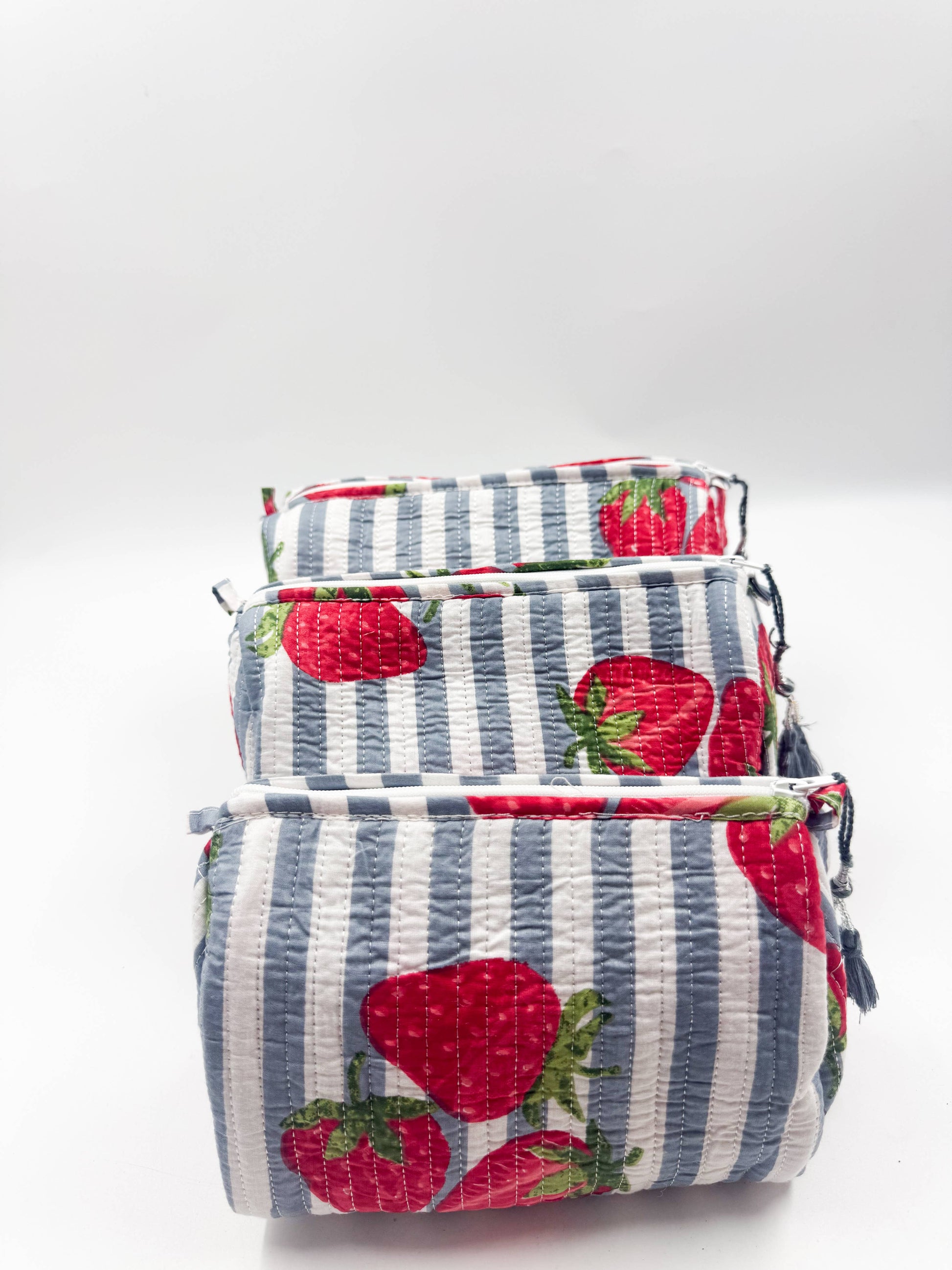 Set of Three Quilted Wash Bags with Blue Stripe Strawberry Print