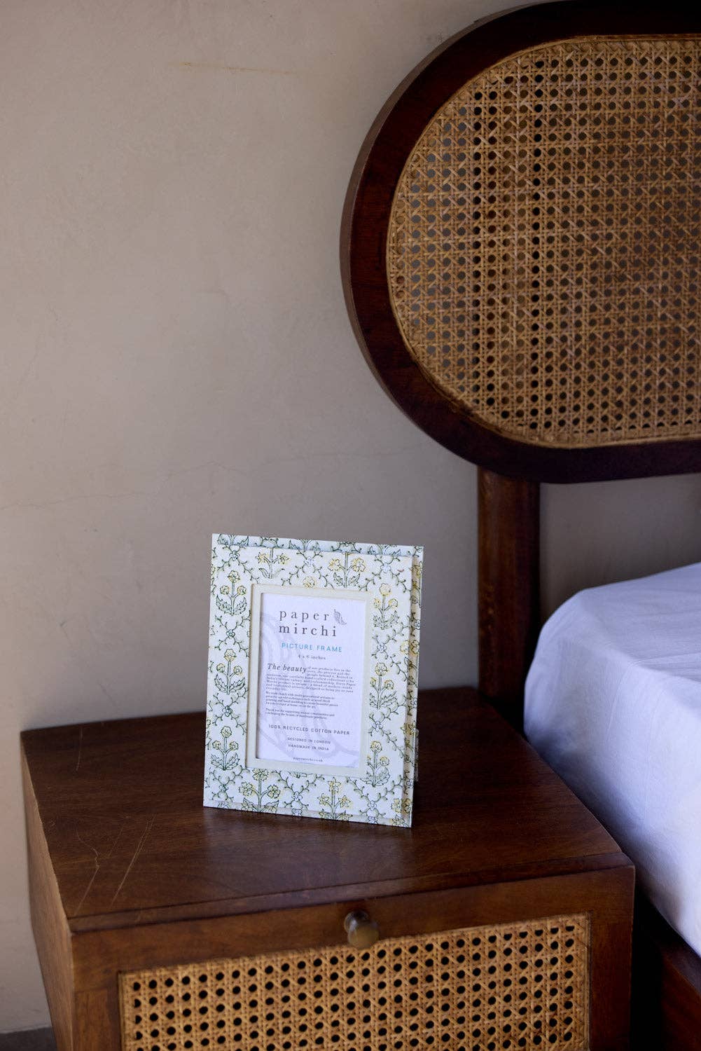 Hand Block Printed Recycled Cotton Picture Frame (4x6) - Cream Floral Lattice