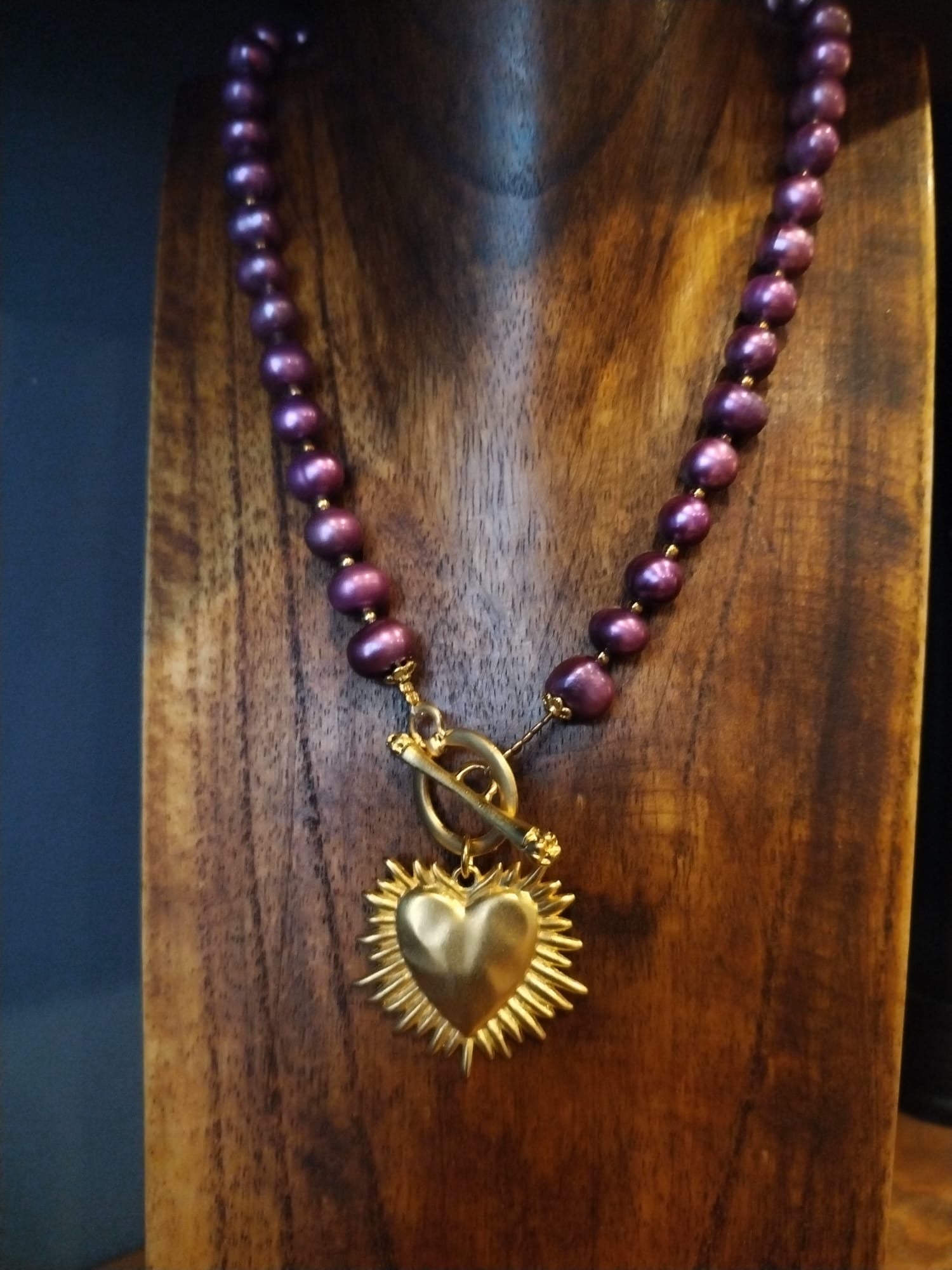 Purple Pearl Necklace with Gold Shining Heart Charm 43cm