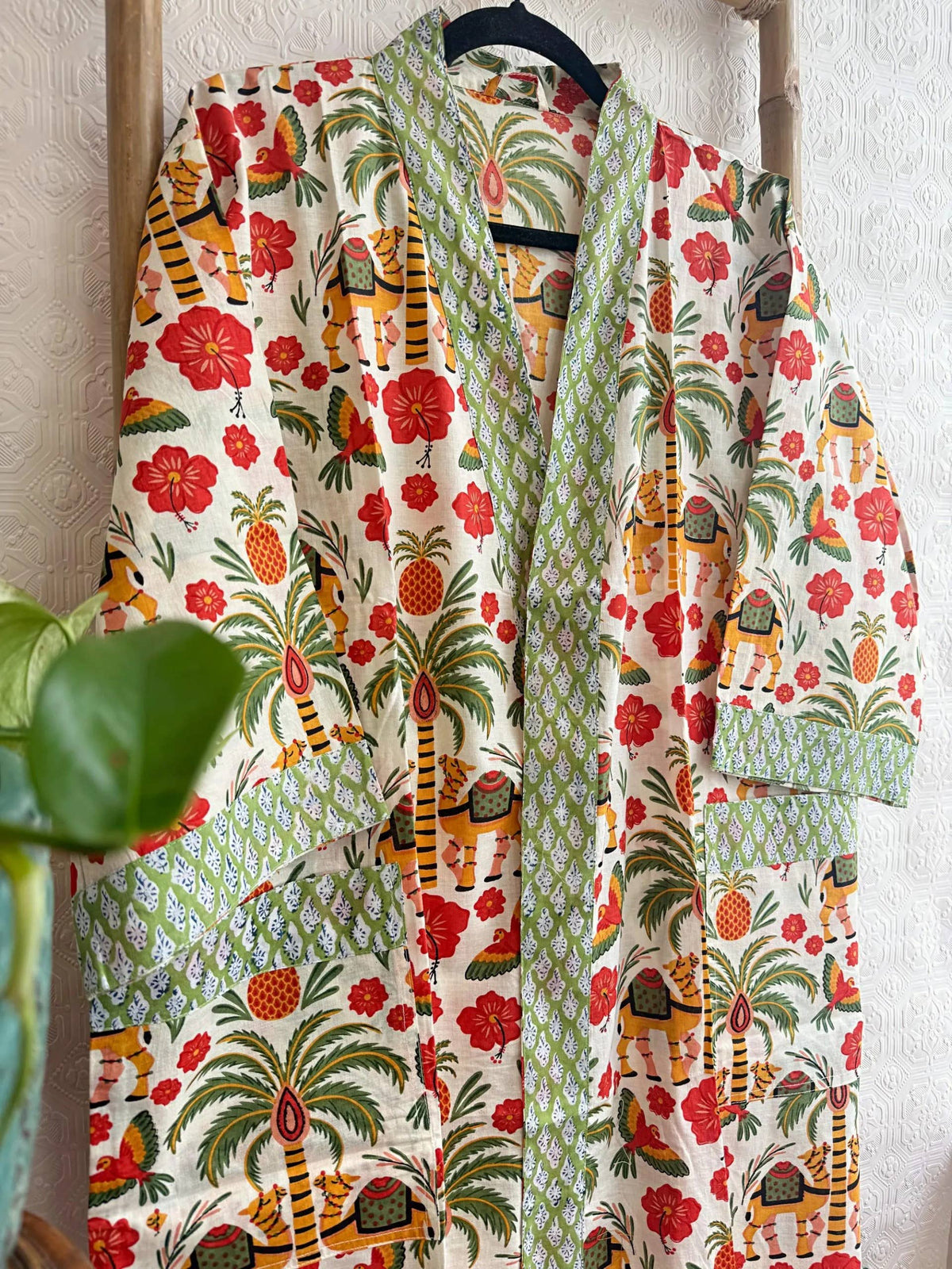 Tropical Elephant Hand-Block Printed Cotton Robe