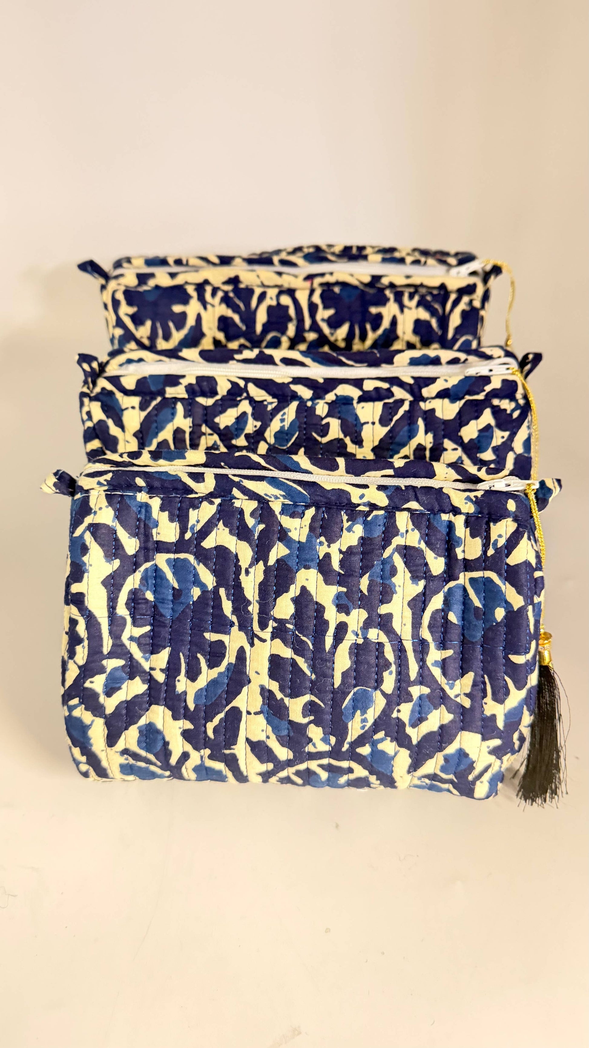 Set of Three Quilted Wash Bags with Blue and White Print