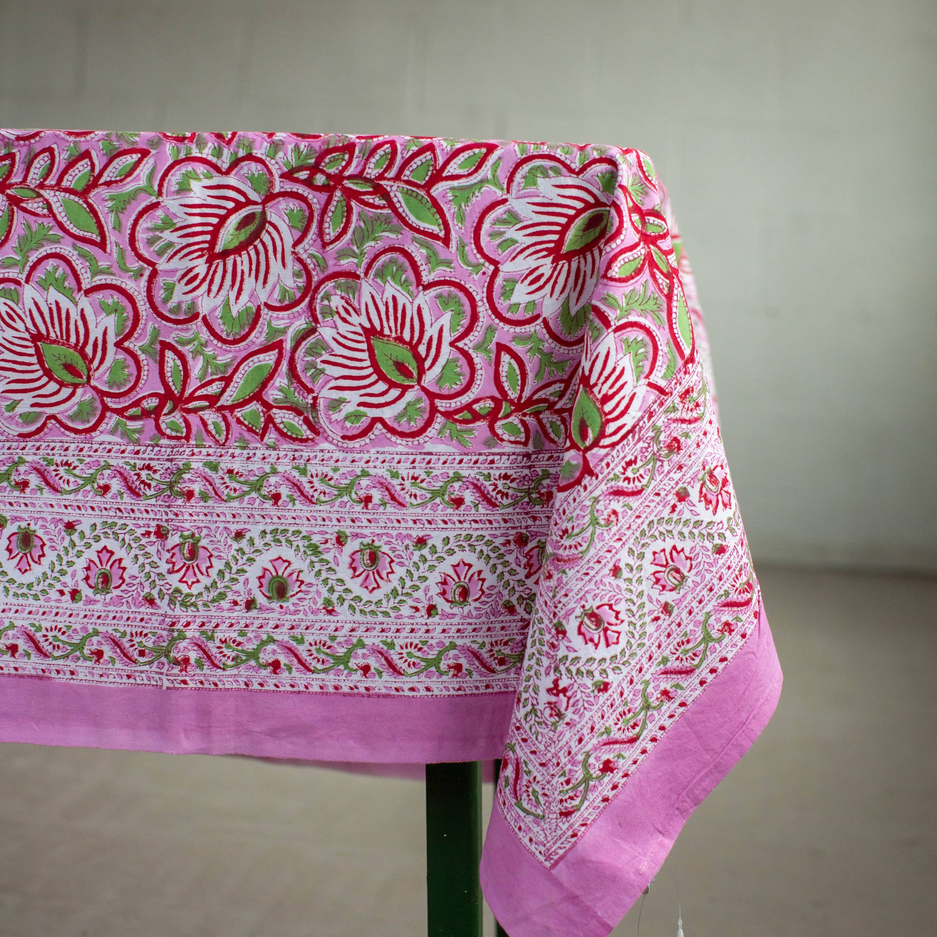 Pink Floral Potterne Hand Block Printed Cotton Tablecloth 150 x 220 cm