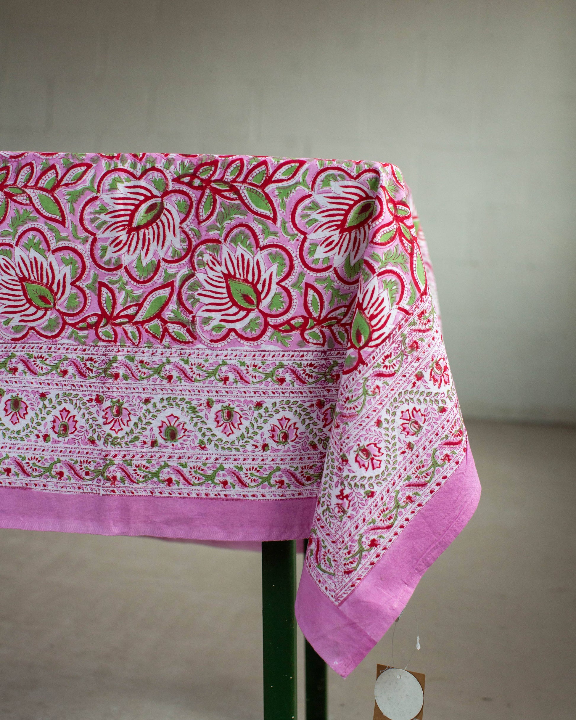 Pink Floral Potterne Hand Block Printed Cotton Tablecloth 150 x 220 cm