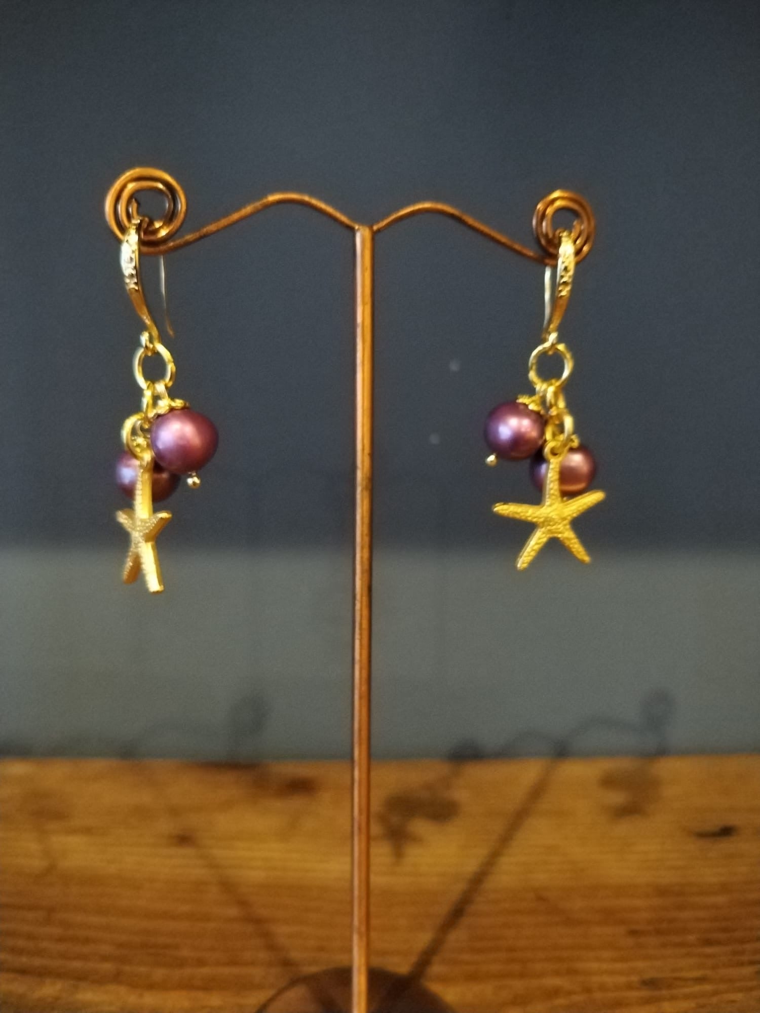 Gold and Plum Coloured Pearl Earrings, with Starfish Charm
