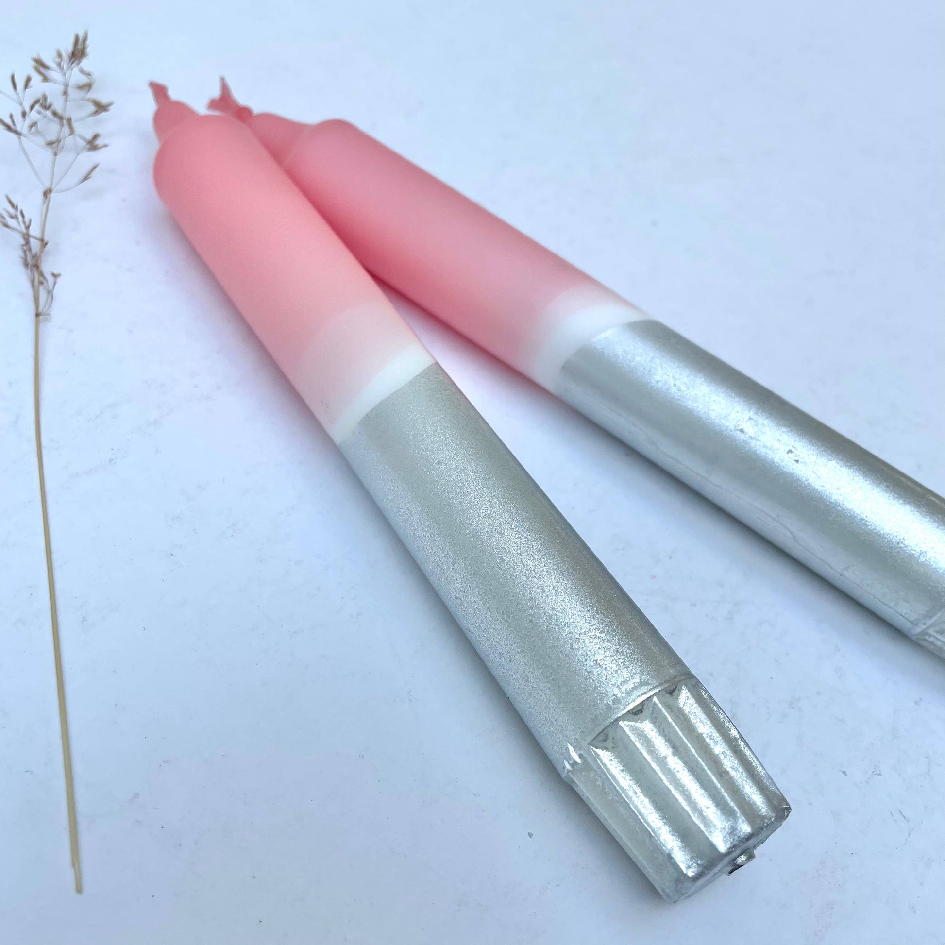 Sherbert Pink & Silver Dip Dyed Dinner Candles