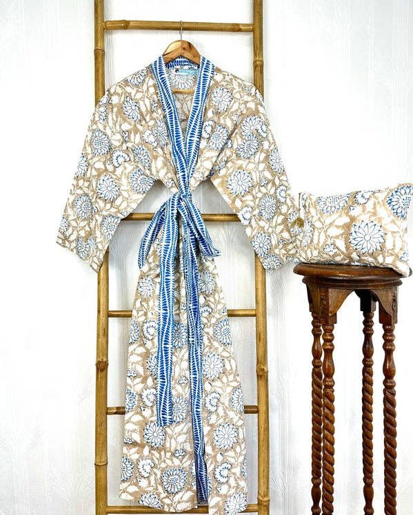 Blue & Sand Floral Hand-Block Printed Cotton Robe