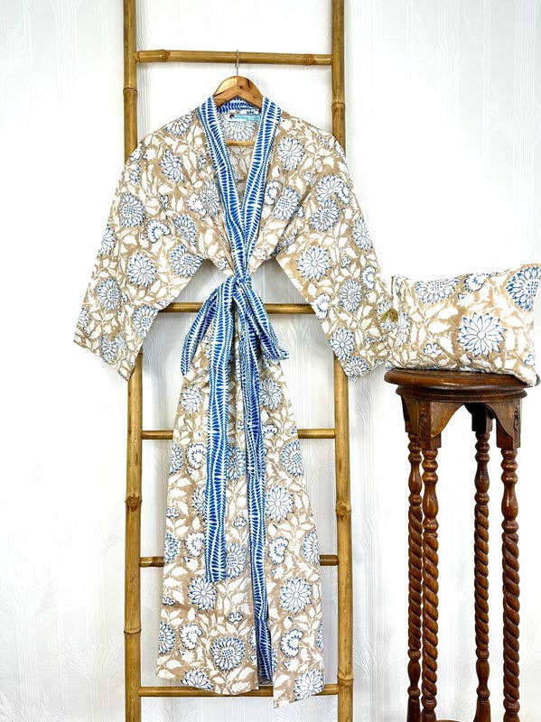 Blue & Sand Floral Hand-Block Printed Cotton Robe