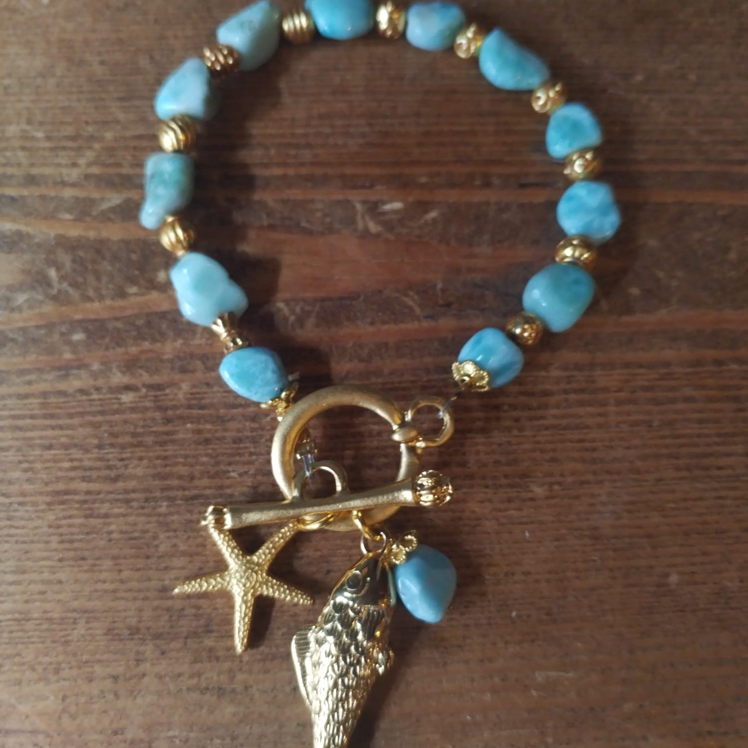 Turquoise and Gold Sea Charm Bracelet 19cm Handmade in Bristol