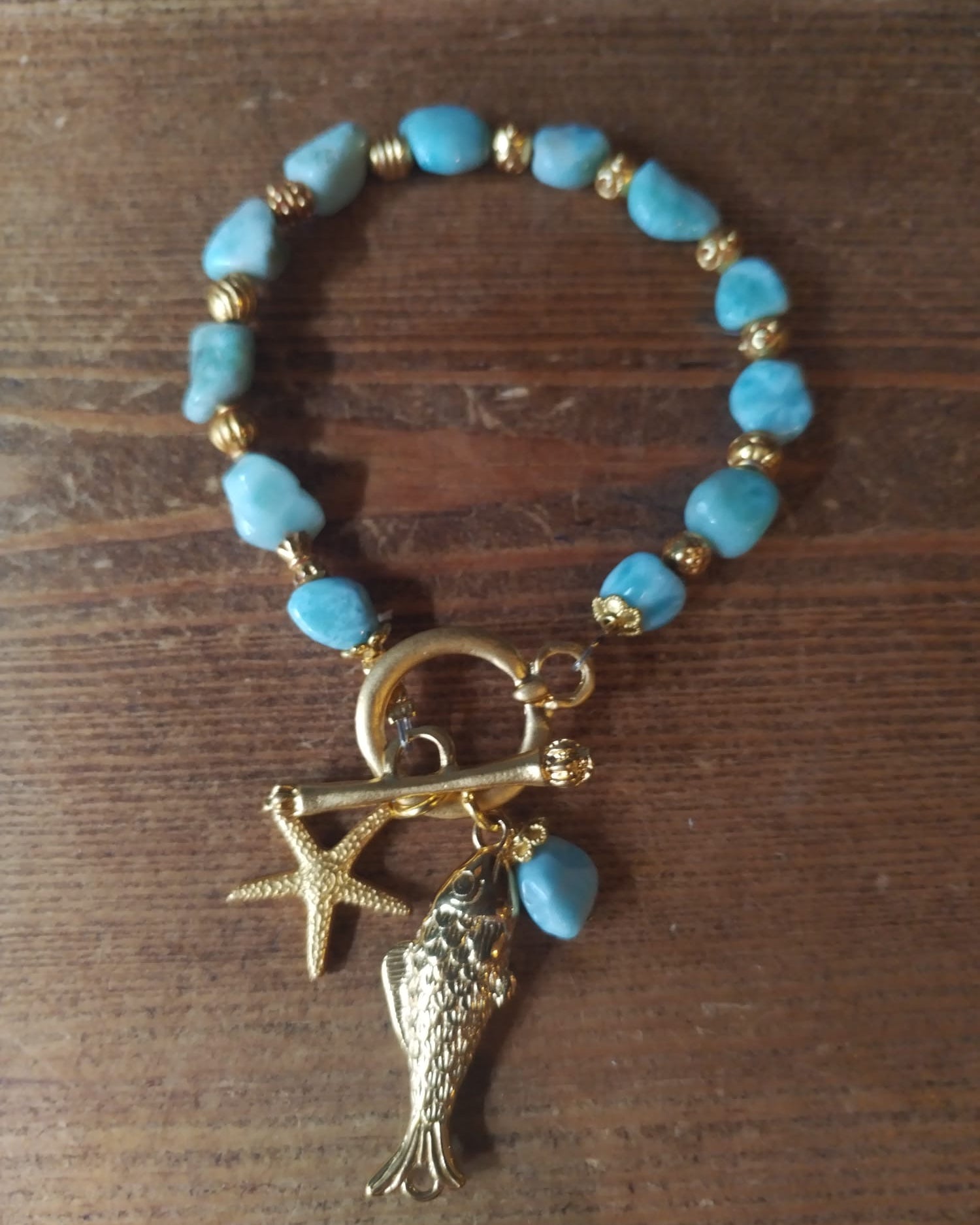 Turquoise and Gold Sea Charm Bracelet 19cm Handmade in Bristol