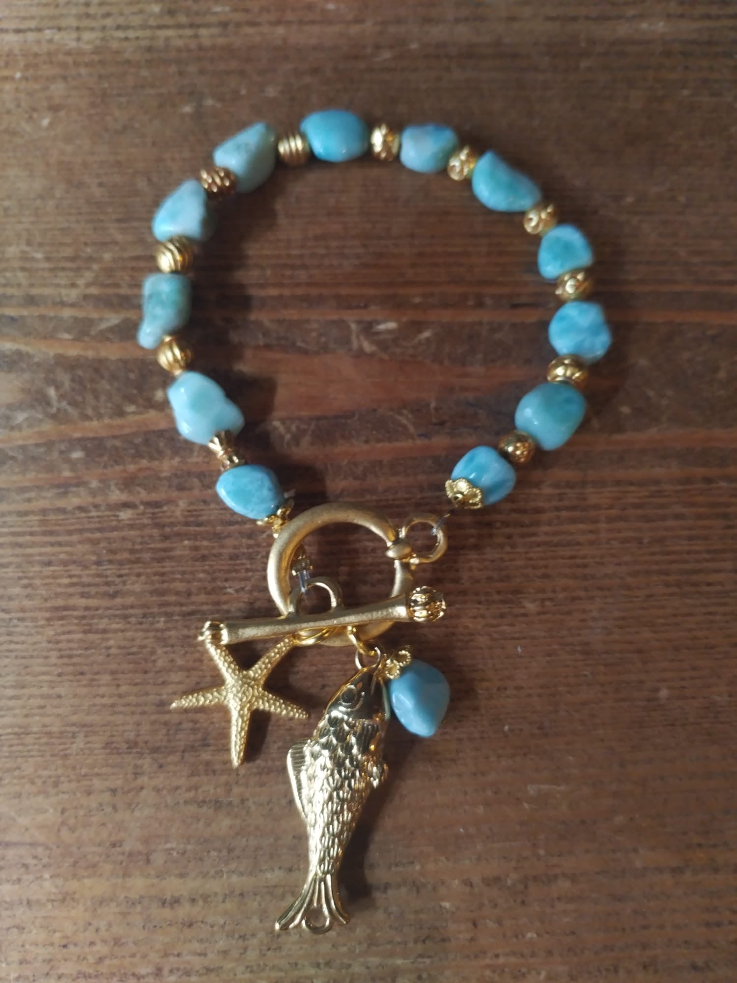 Turquoise and Gold Sea Charm Bracelet 19cm Handmade in Bristol