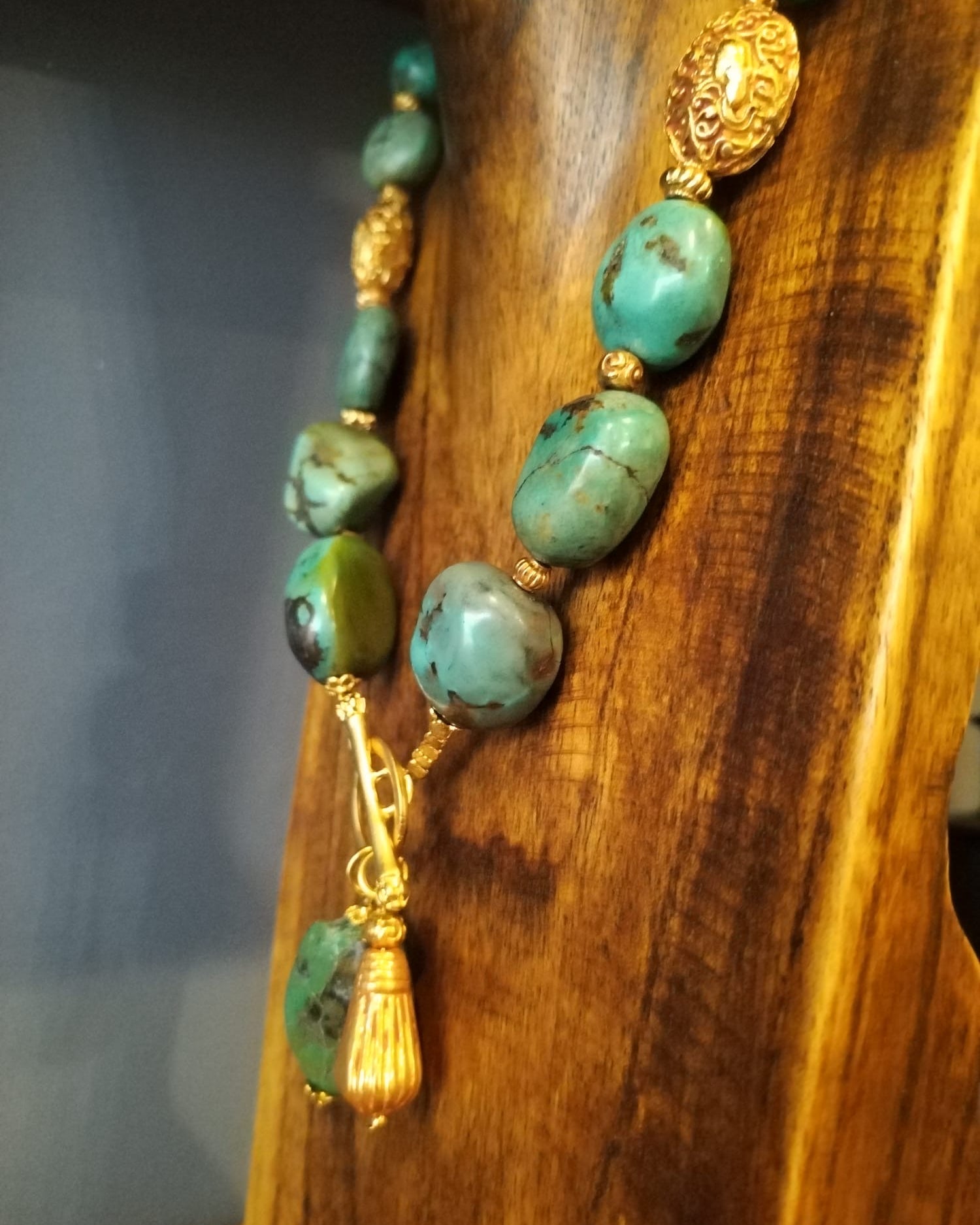 Large Turquoise Pebble Bead Necklace With Gold Details