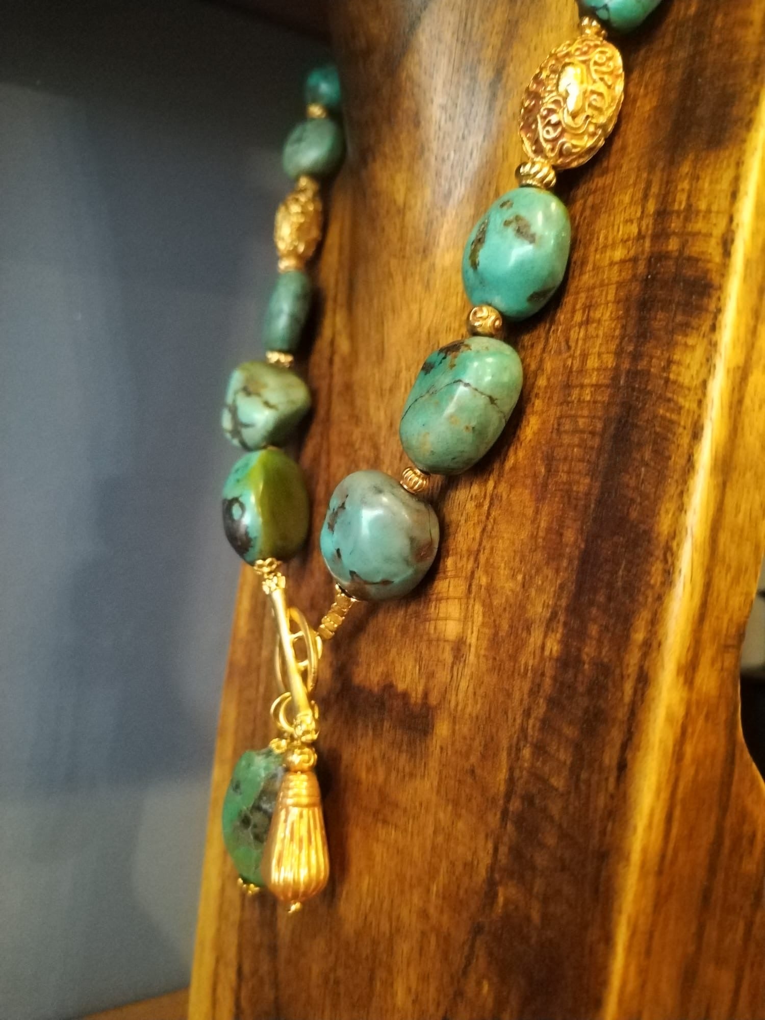 Large Turquoise Pebble Bead Necklace With Gold Details