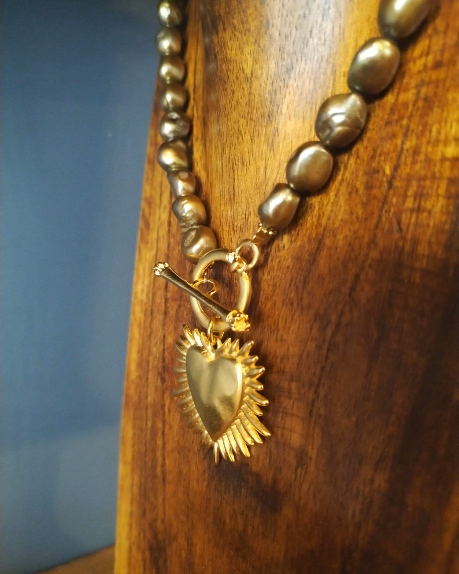 Olive Green Freshwater Pearl And Gold Blazing Heart Charm Necklace