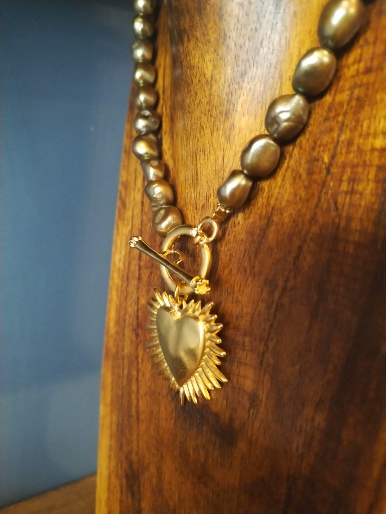 Olive Green Freshwater Pearl And Gold Blazing Heart Charm Necklace