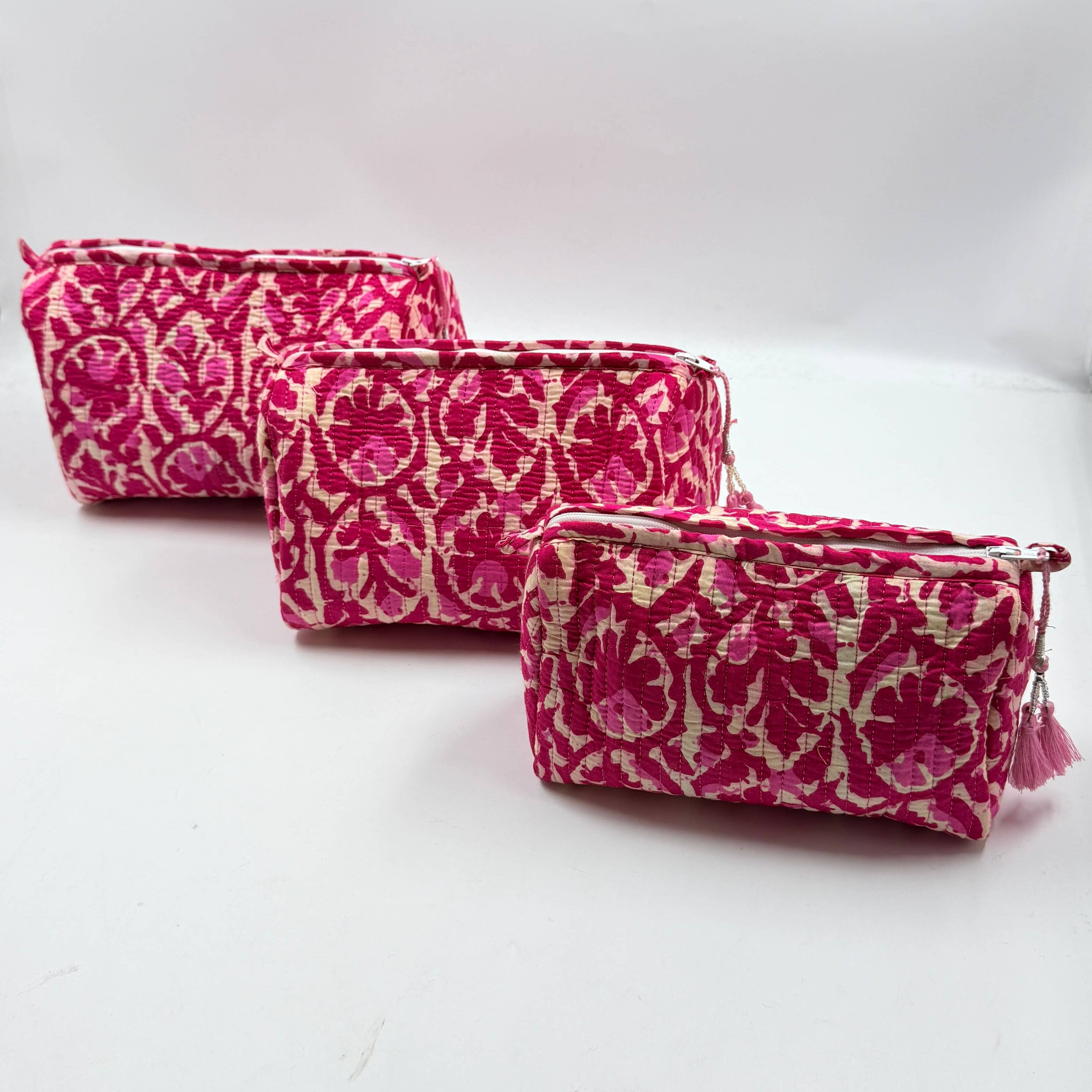 Cerise Pink Cotton Quilted Wash Bags – Set of 3 Makeup & Travel Bags