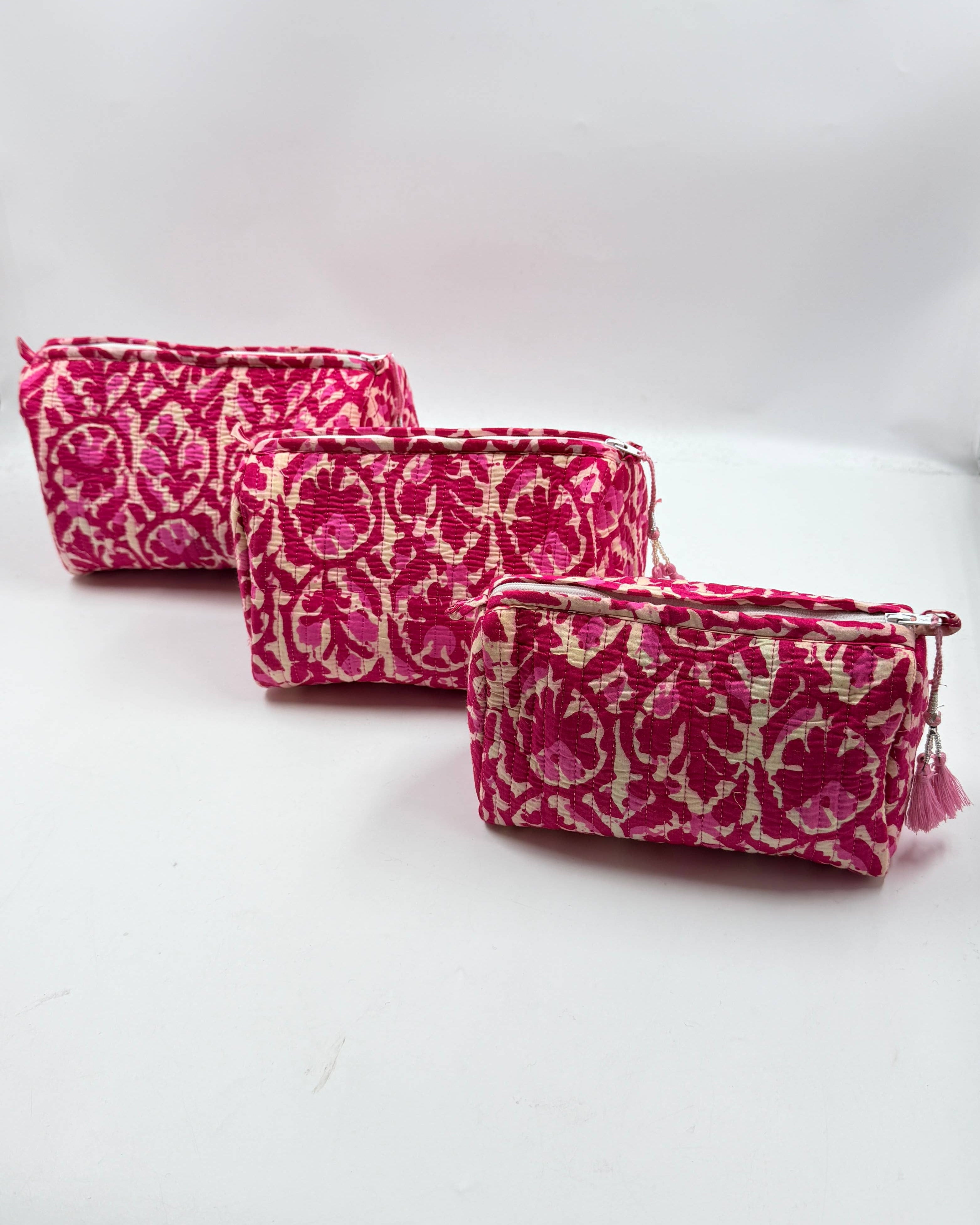 Cerise Pink Cotton Quilted Wash Bags – Set of 3 Makeup & Travel Bags