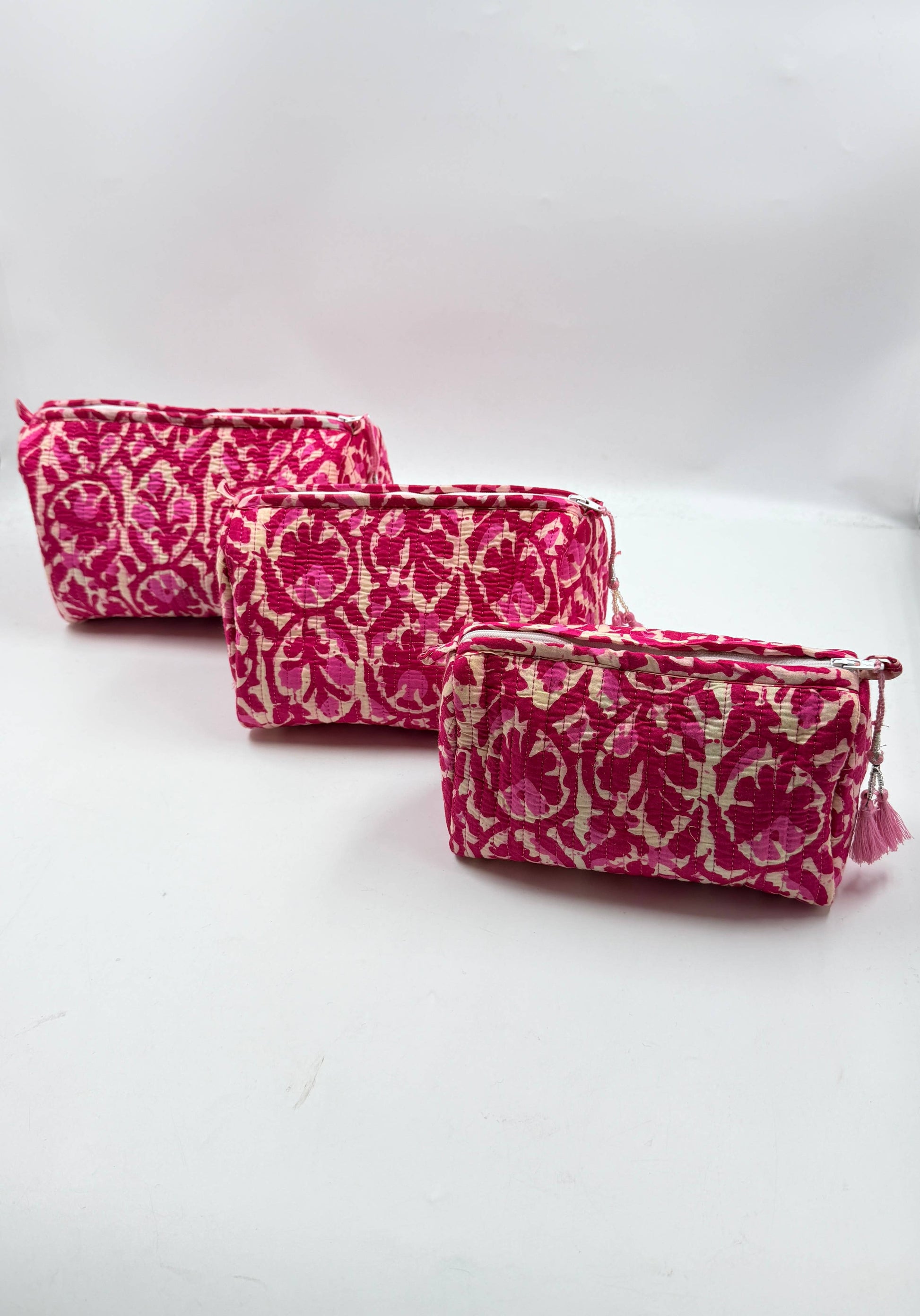 Cerise Pink Cotton Quilted Wash Bags – Set of 3 Makeup & Travel Bags