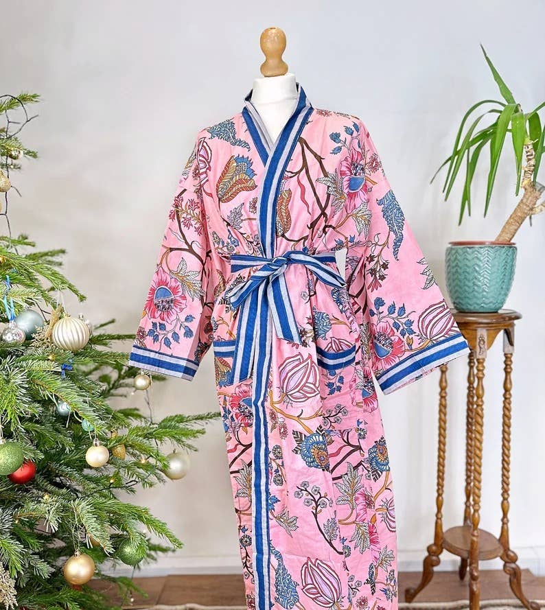 Cotton Kimono Robe Pink &  Blue Paradise Stripe UK 10 18