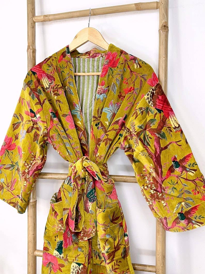 Luxury Velvet Robe Gold & Pink Exotic Birds Paradise