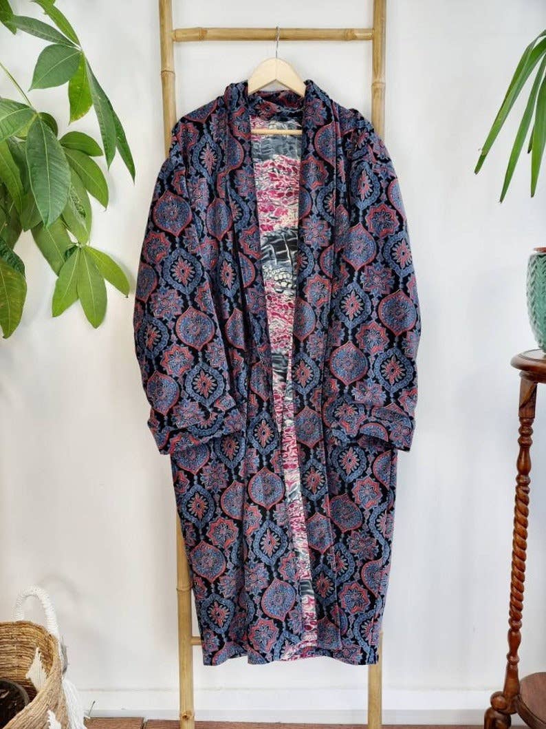 Luxury Velvet Robe - Black Blue Red Ajrakh Love Gift