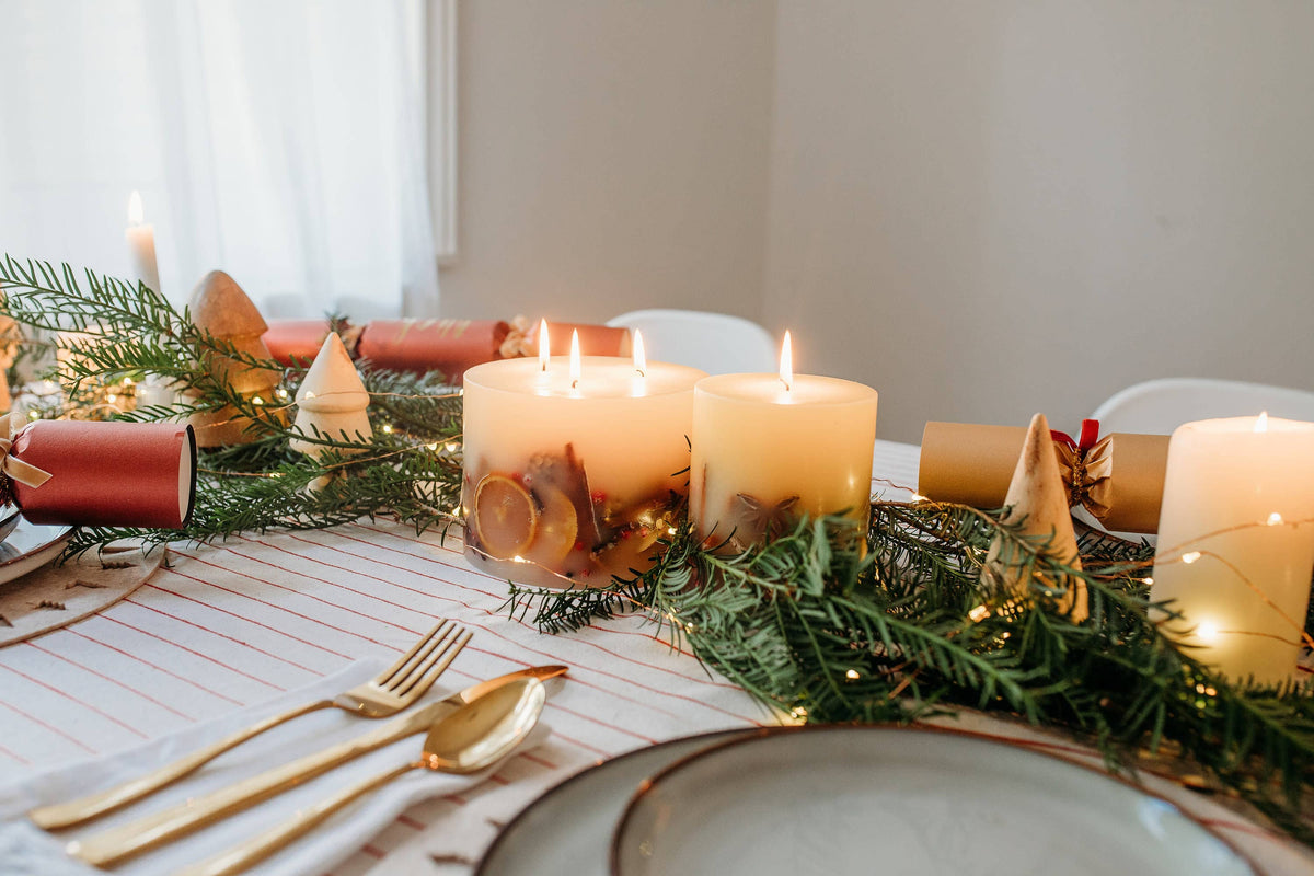 Winter Botanical Christmas Pillar Candle – 3 Wick